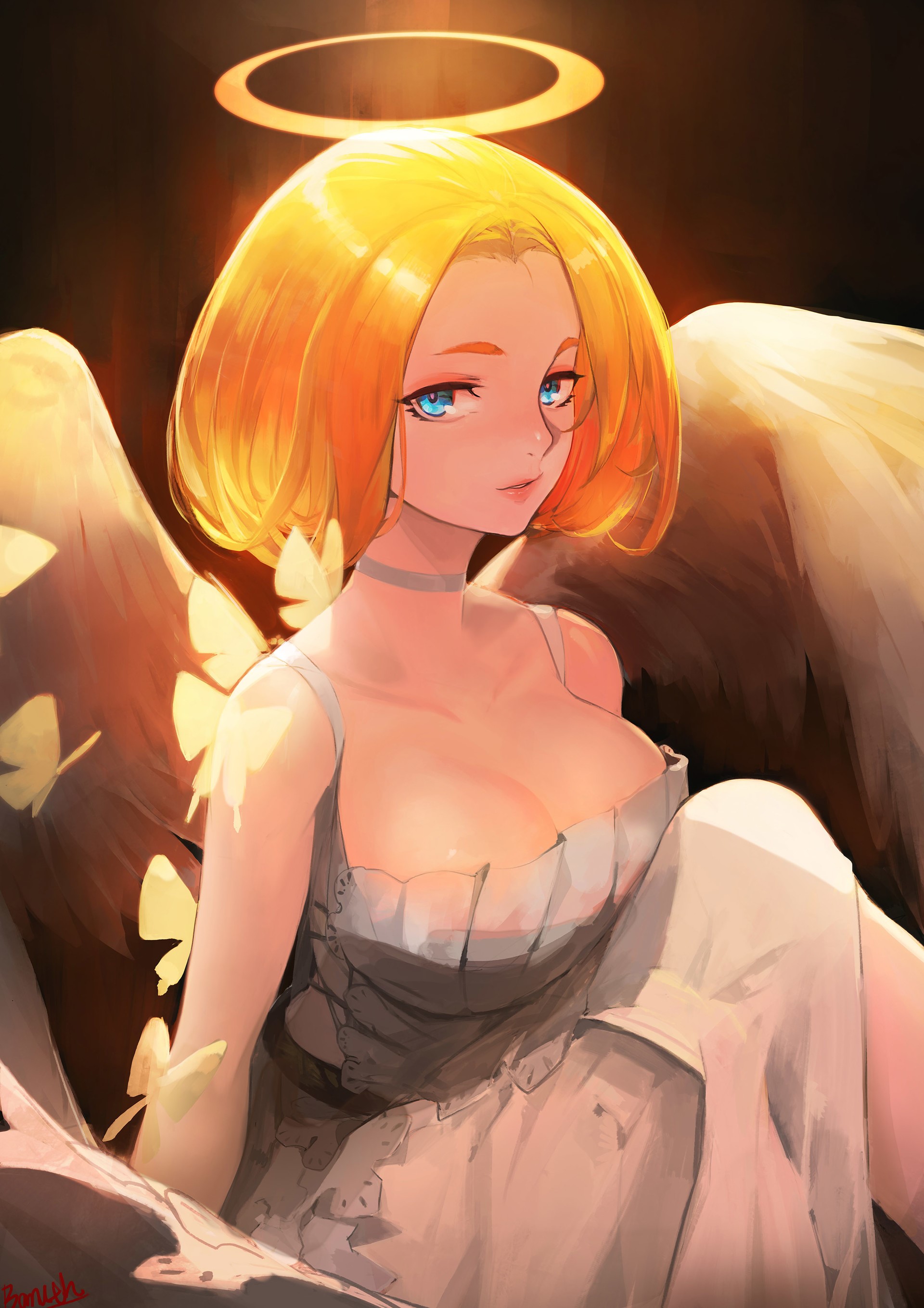Angel with halo and wings, butterflies HD Phone Wallpaper