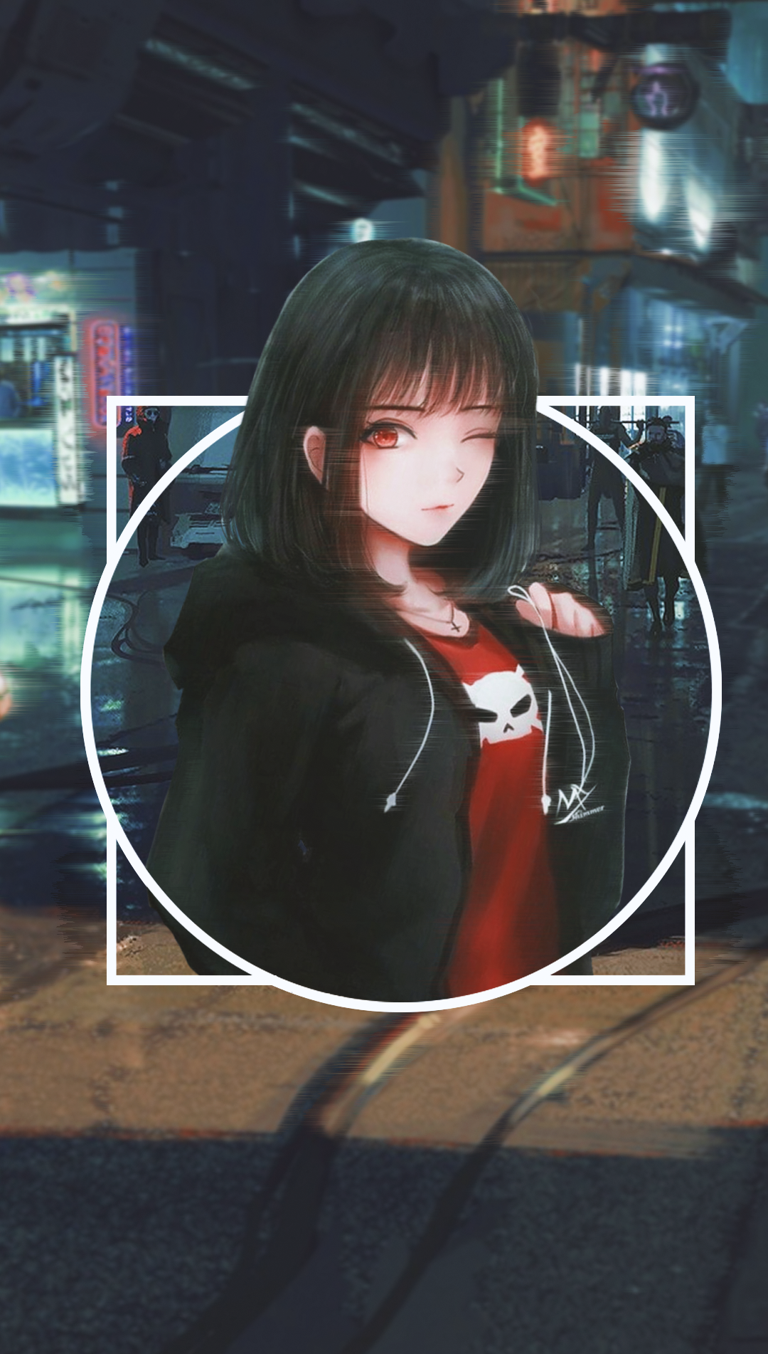 Anime girl with red eyes in a cyberpunk city HD Phone Wallpaper