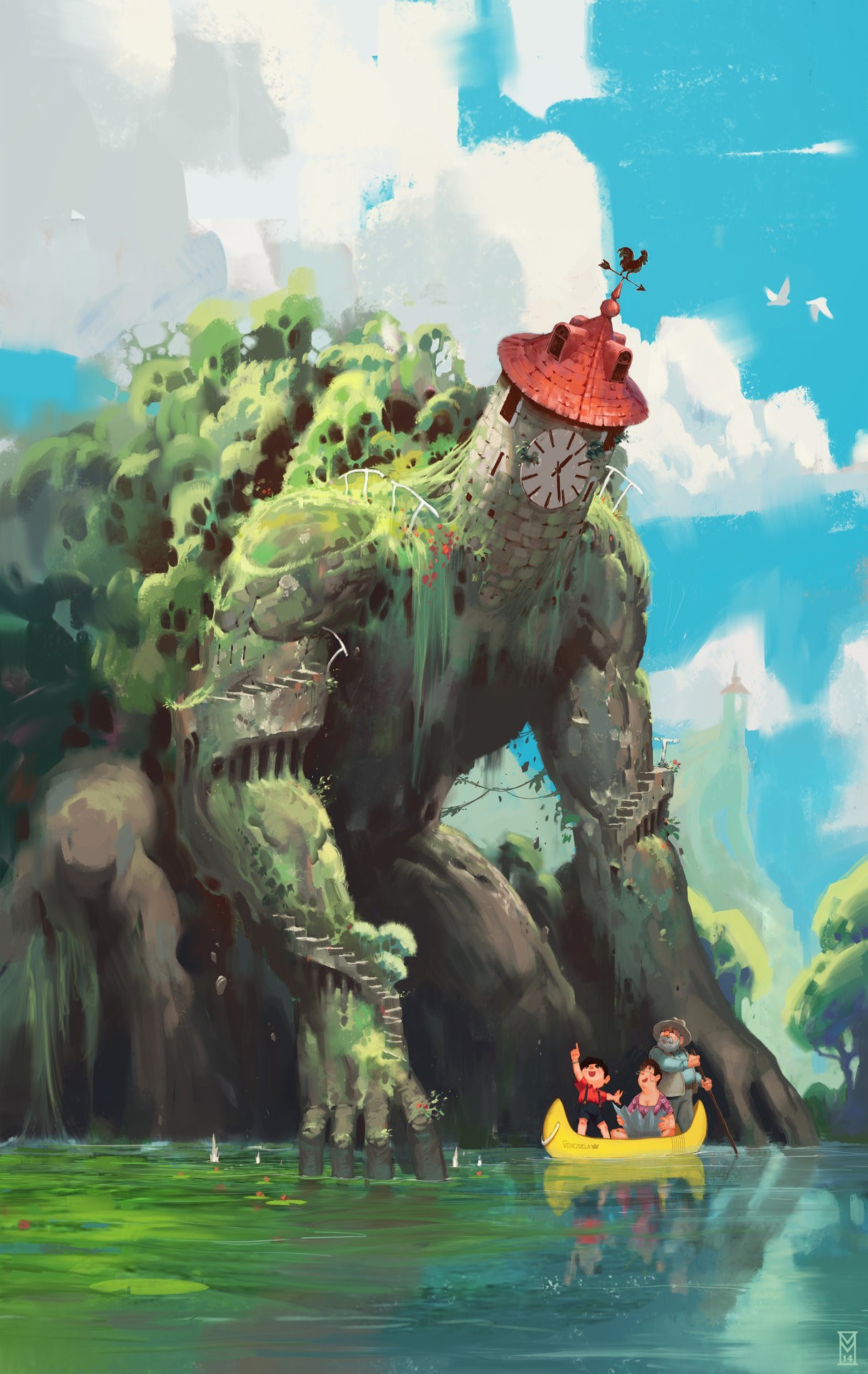 Giant moss-covered creature with clock tower and people in a boat HD Phone Wallpaper