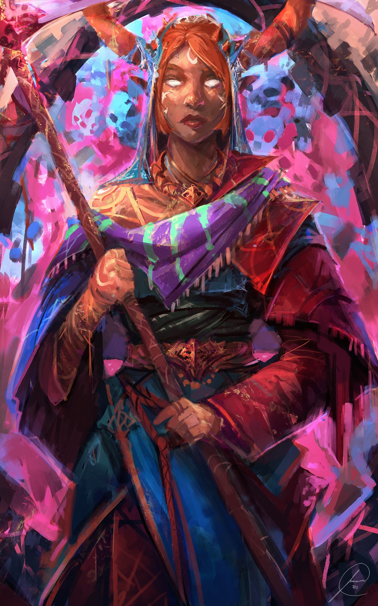 Woman with horns holding a staff HD Phone Wallpaper