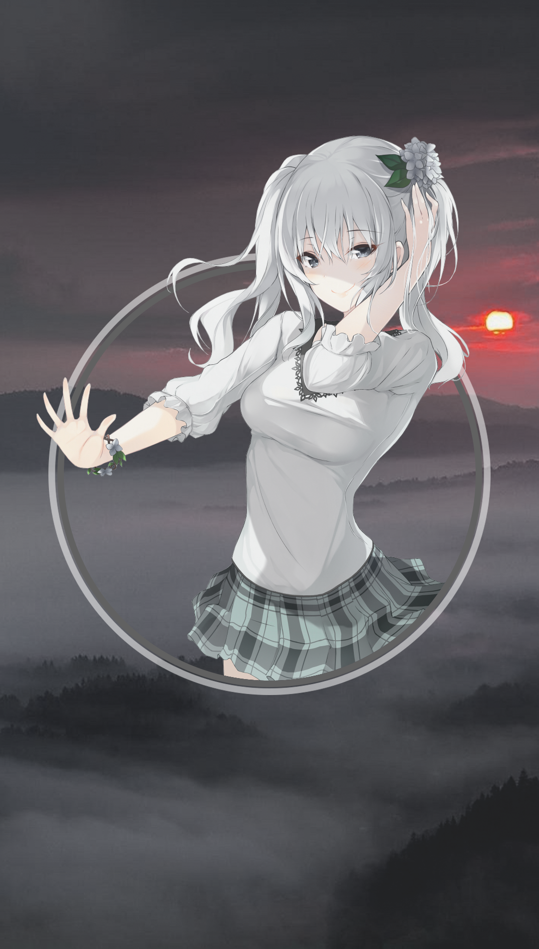 Anime girl with white hair and plaid skirt HD Phone Wallpaper