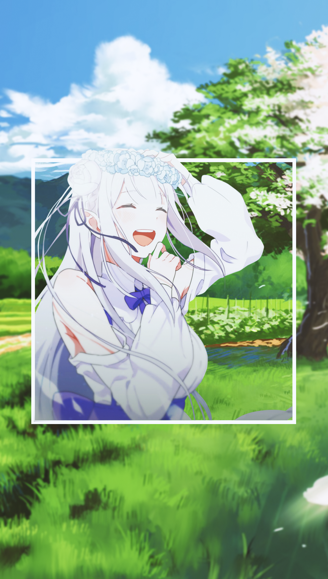 Emilia from Re:Zero wearing a flower crown HD Phone Wallpaper