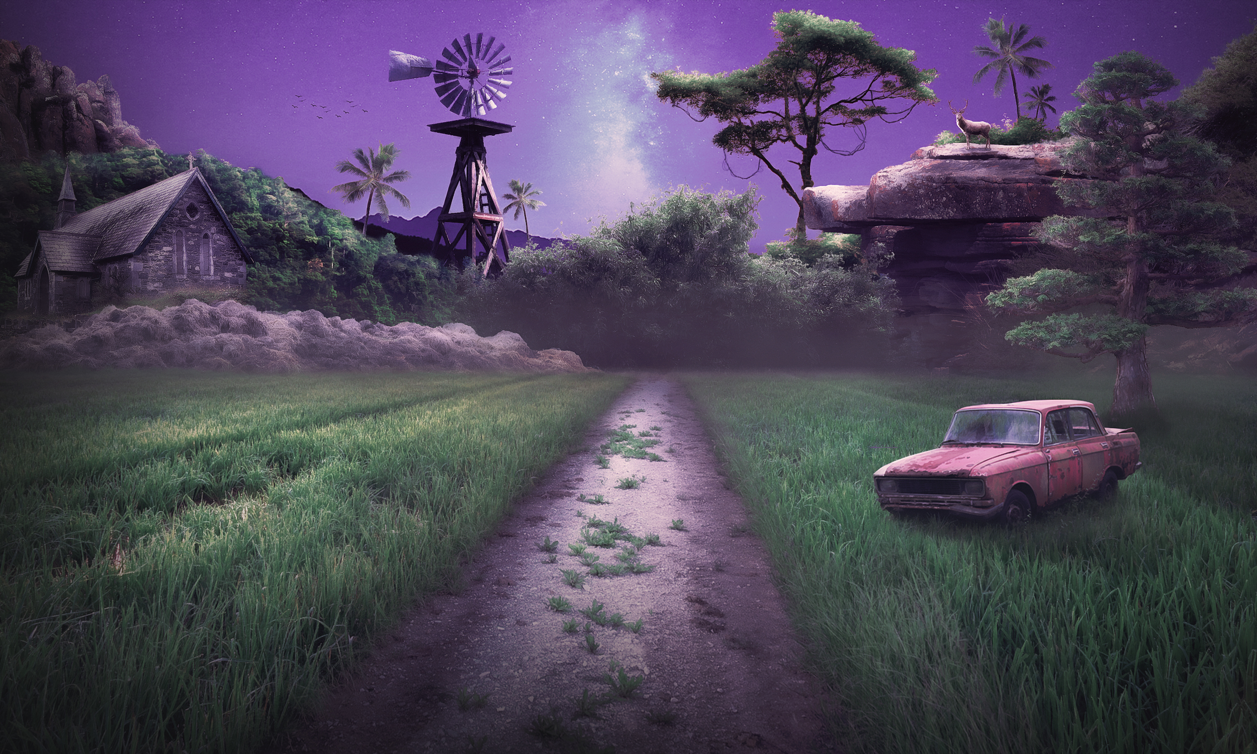 Dirt path through a grassy field with a car and windmill HD Wallpaper