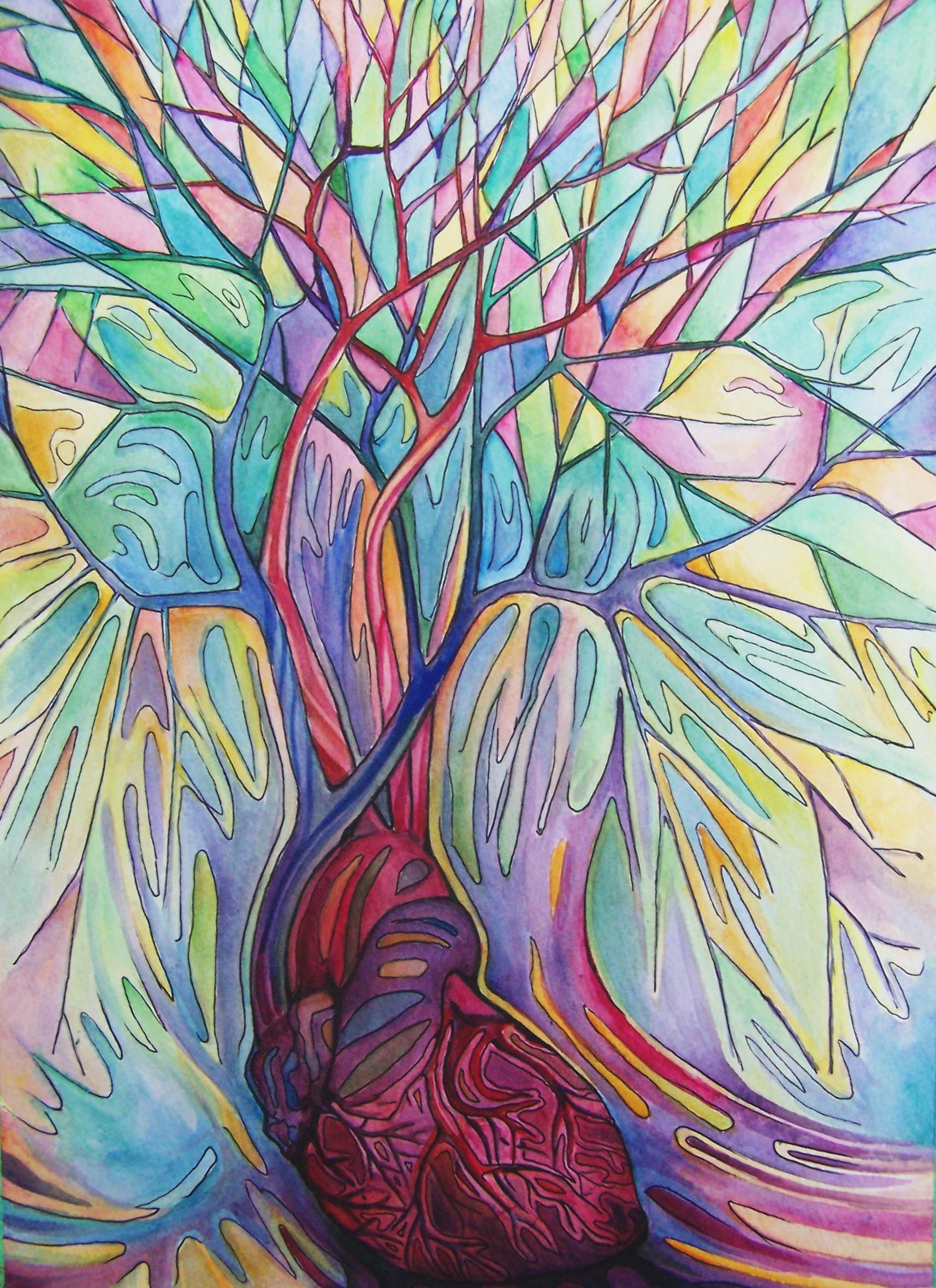 Watercolor painting of a heart with tree-like branches HD Phone Wallpaper