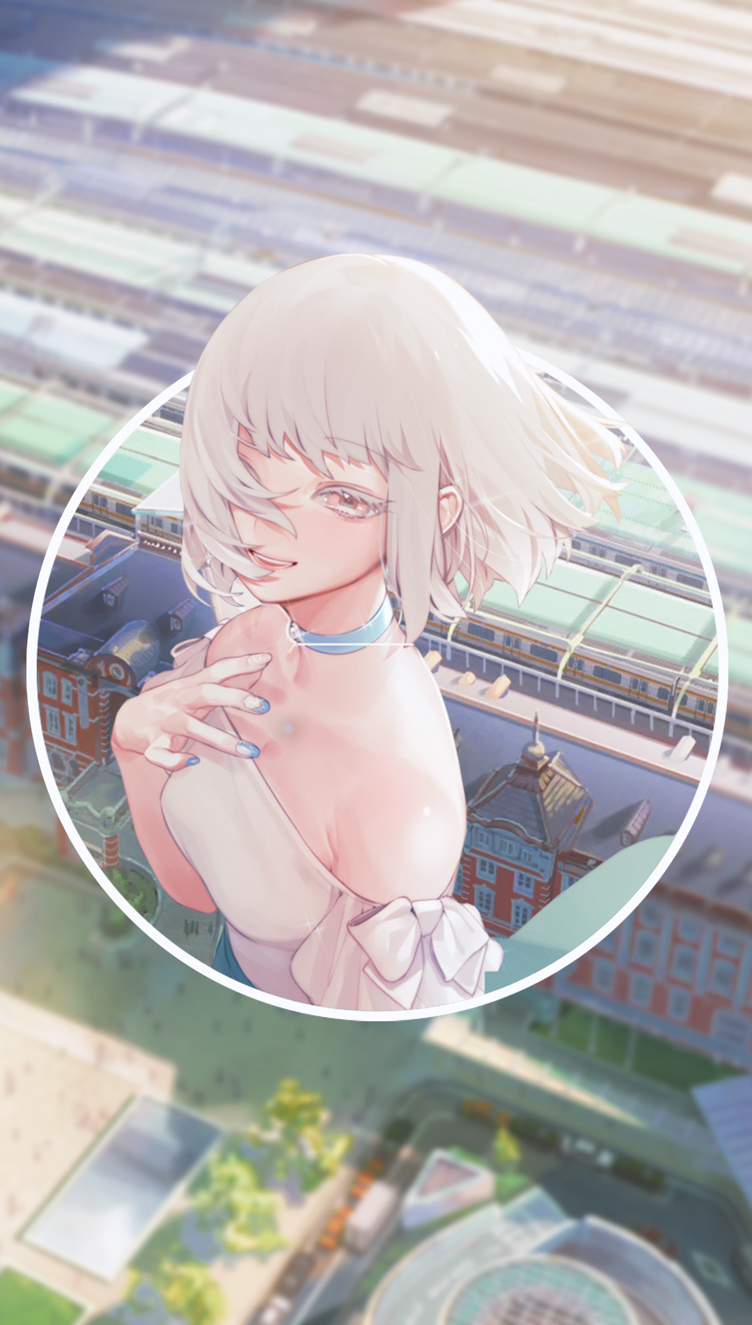 Anime girl with white hair and blue choker HD Phone Wallpaper