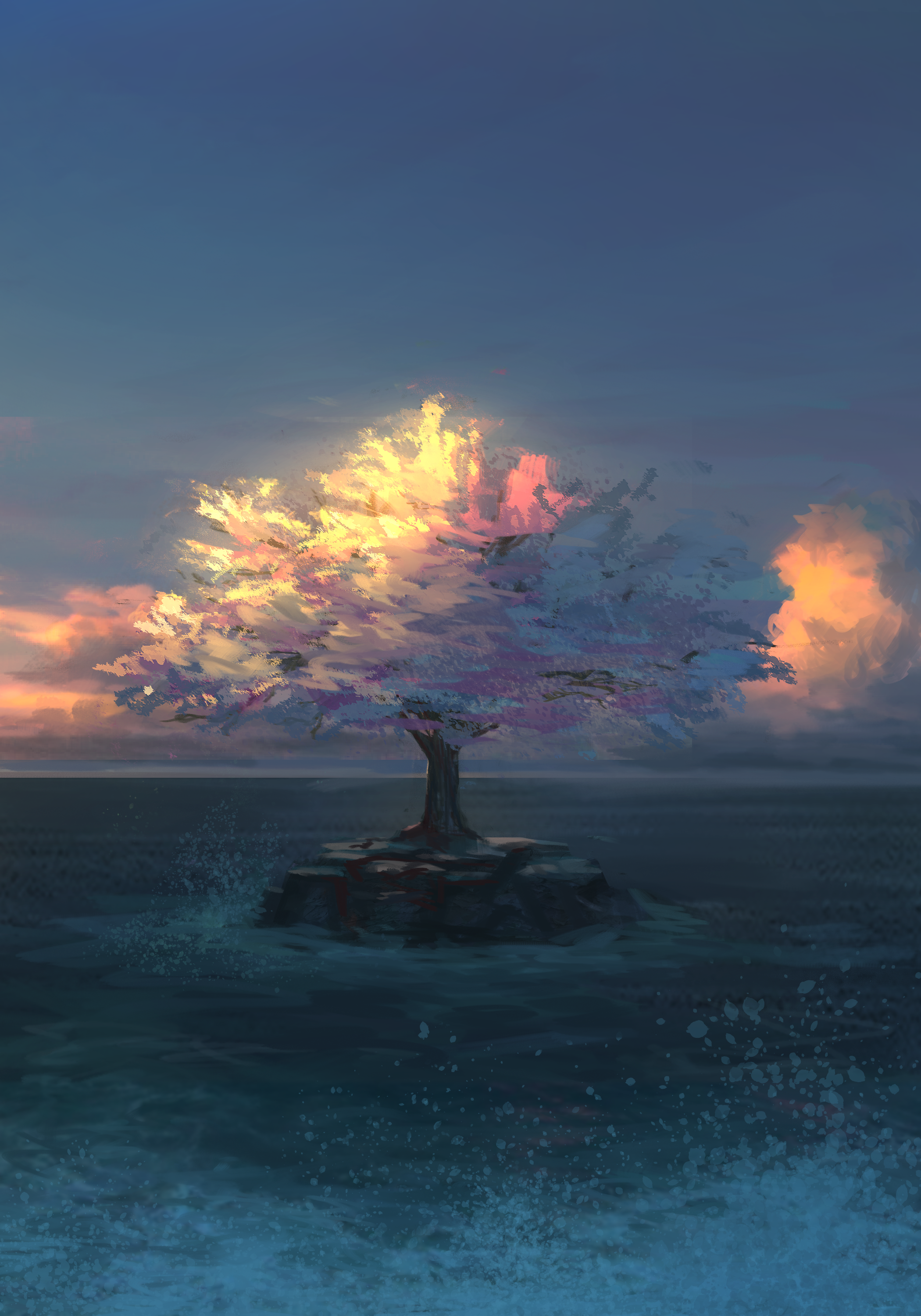 Tree on a rock in the sea at sunset HD Phone Wallpaper