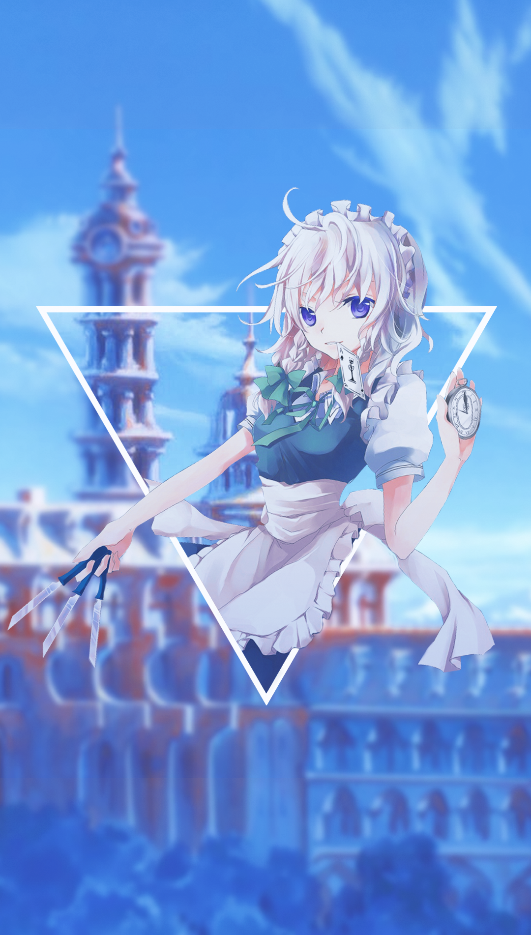 Izayoi Sakuya from Touhou holding knives and a pocket watch HD Phone Wallpaper