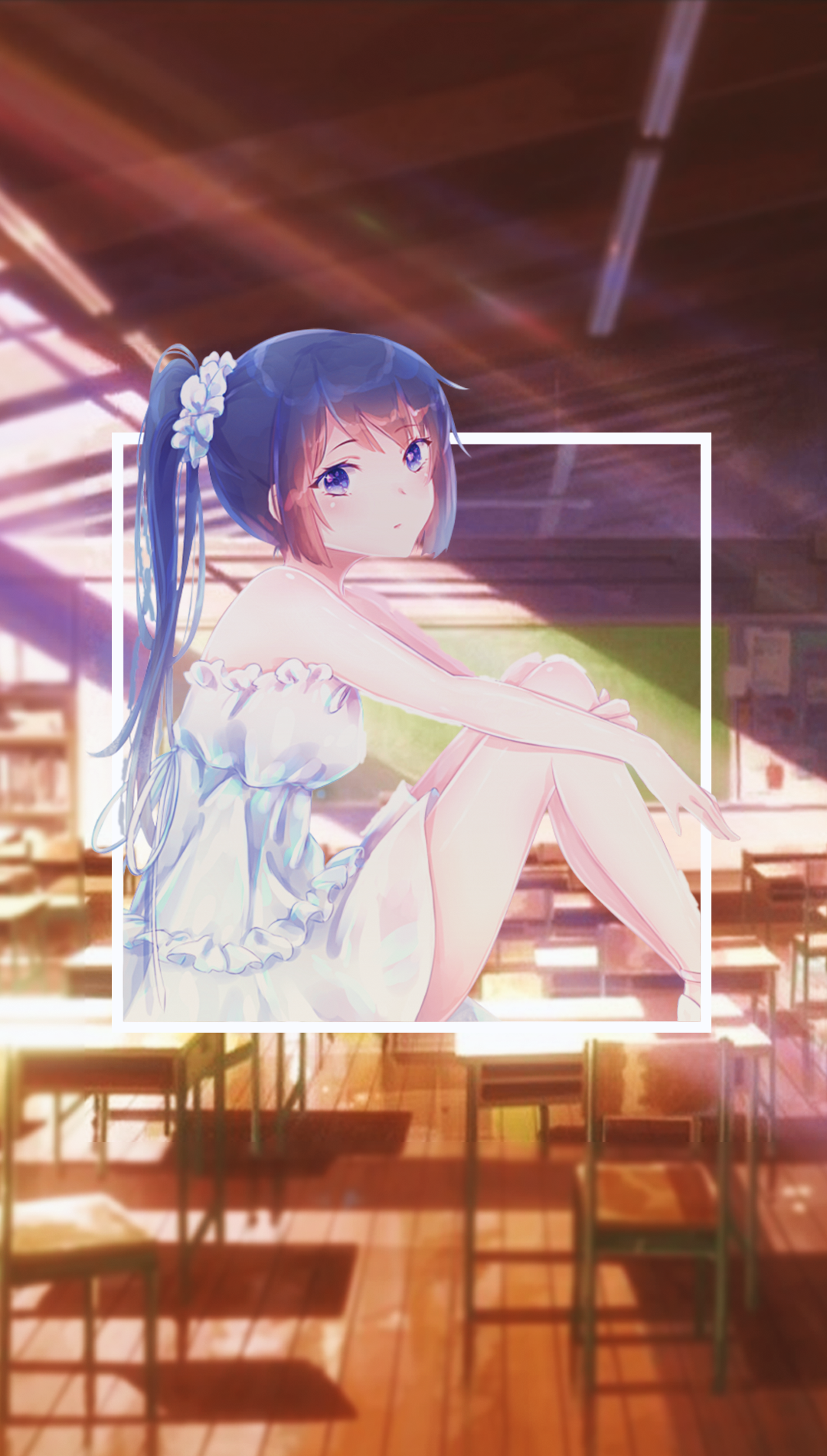 Anime girl in a white dress in a classroom HD Phone Wallpaper