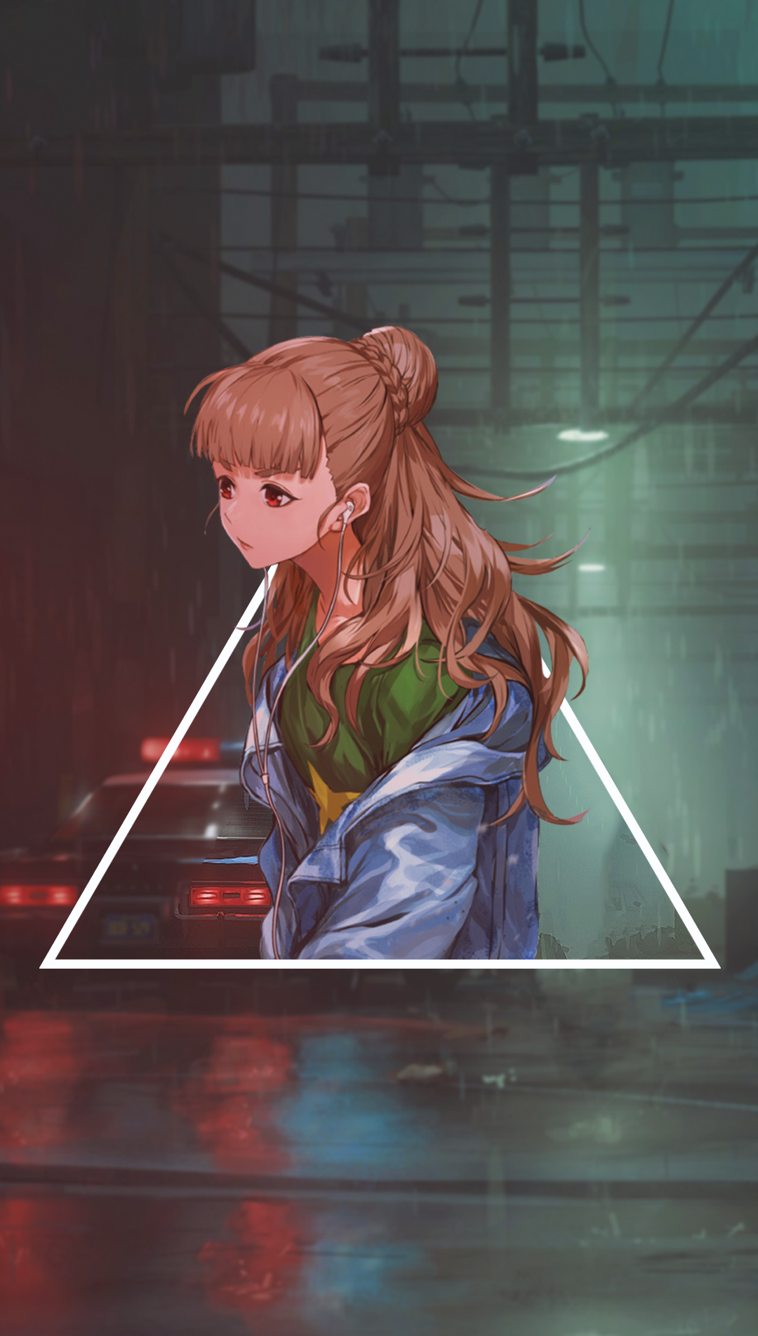 Anime girl with headphones in a rainy city HD Phone Wallpaper