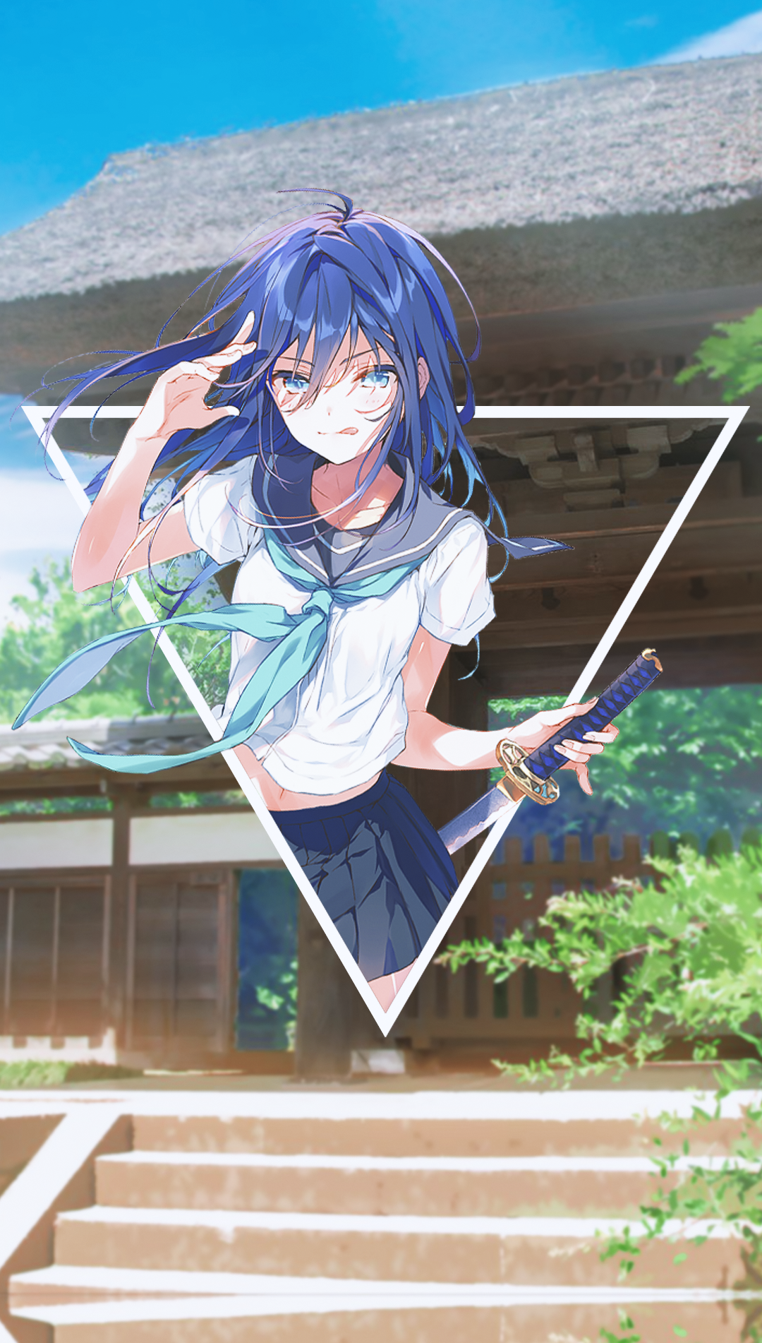 Anime girl with blue hair and katana HD Phone Wallpaper