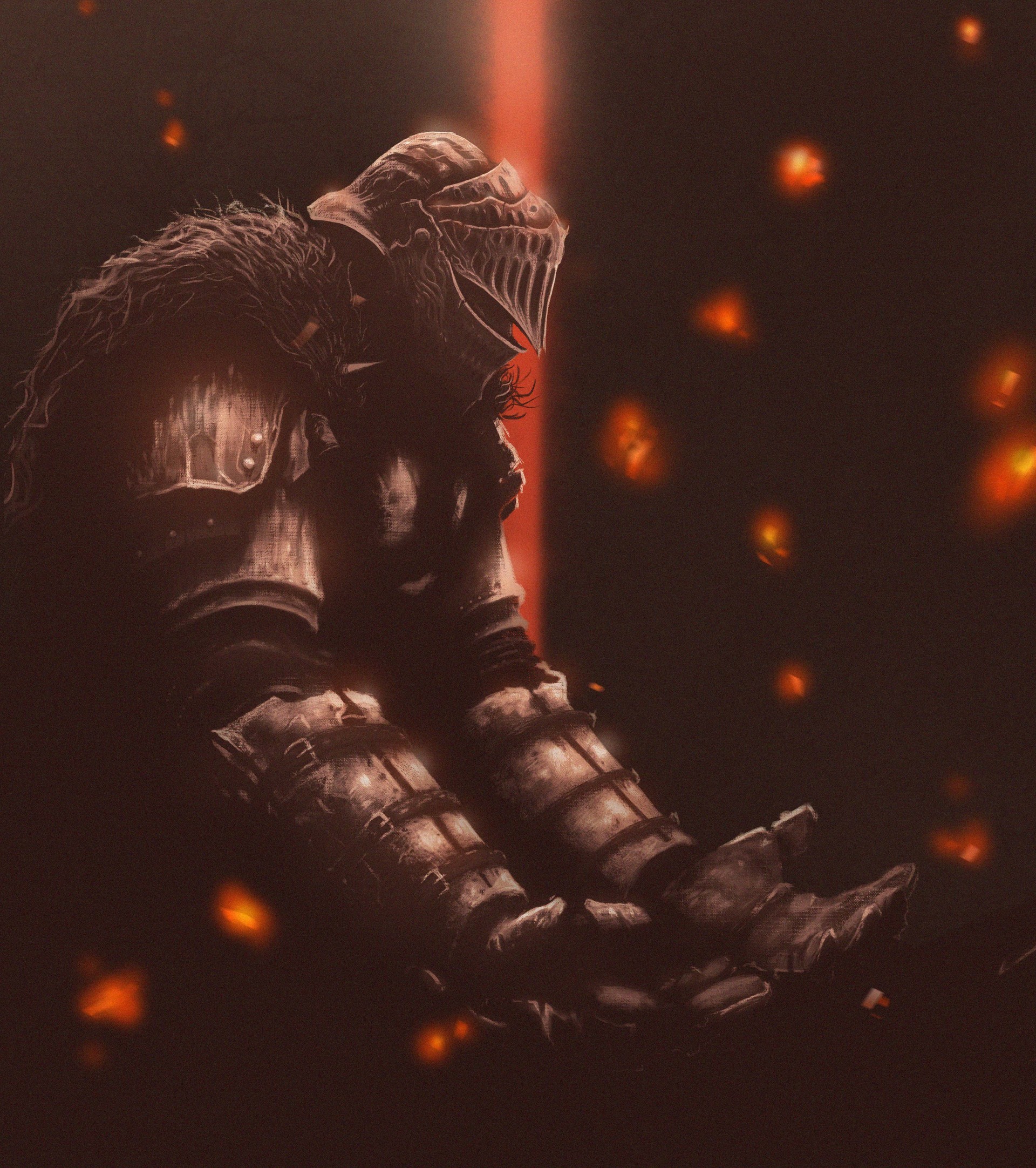 Knight from Dark Souls sitting in fire HD Phone Wallpaper