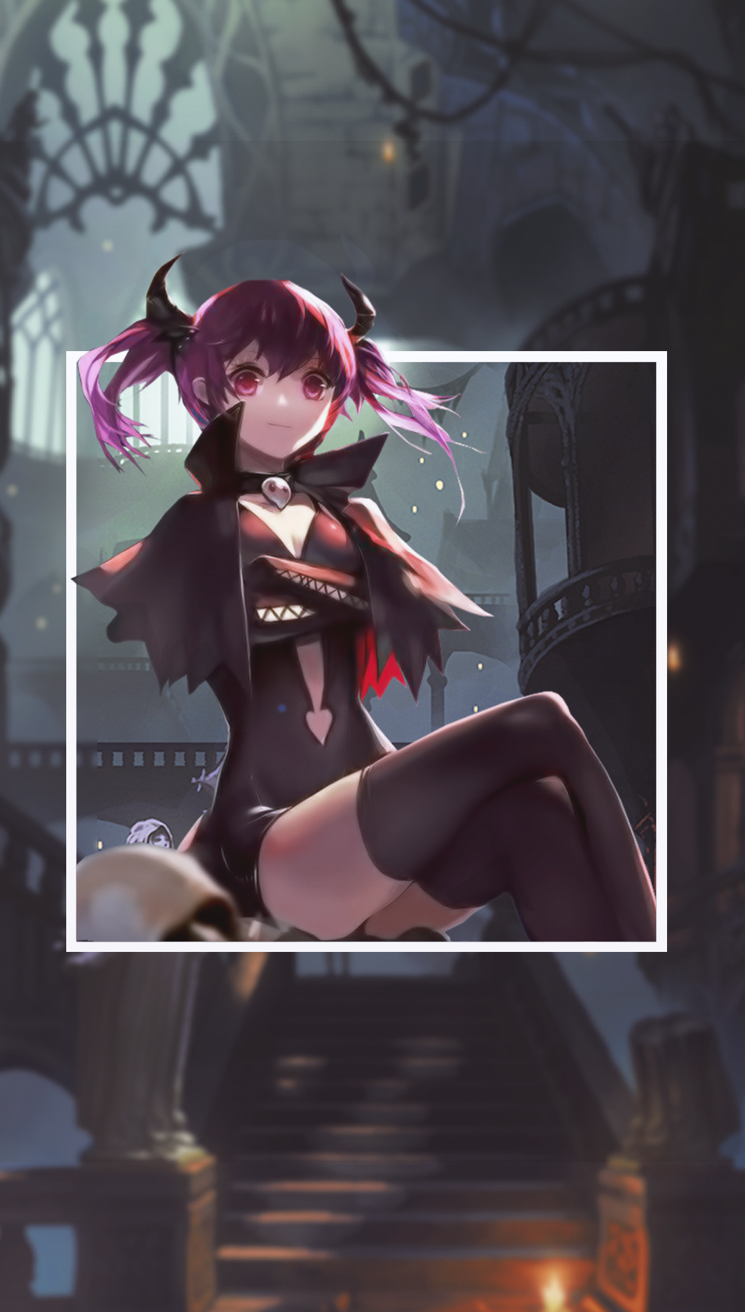 Anime girl with purple pigtails and horns HD Phone Wallpaper