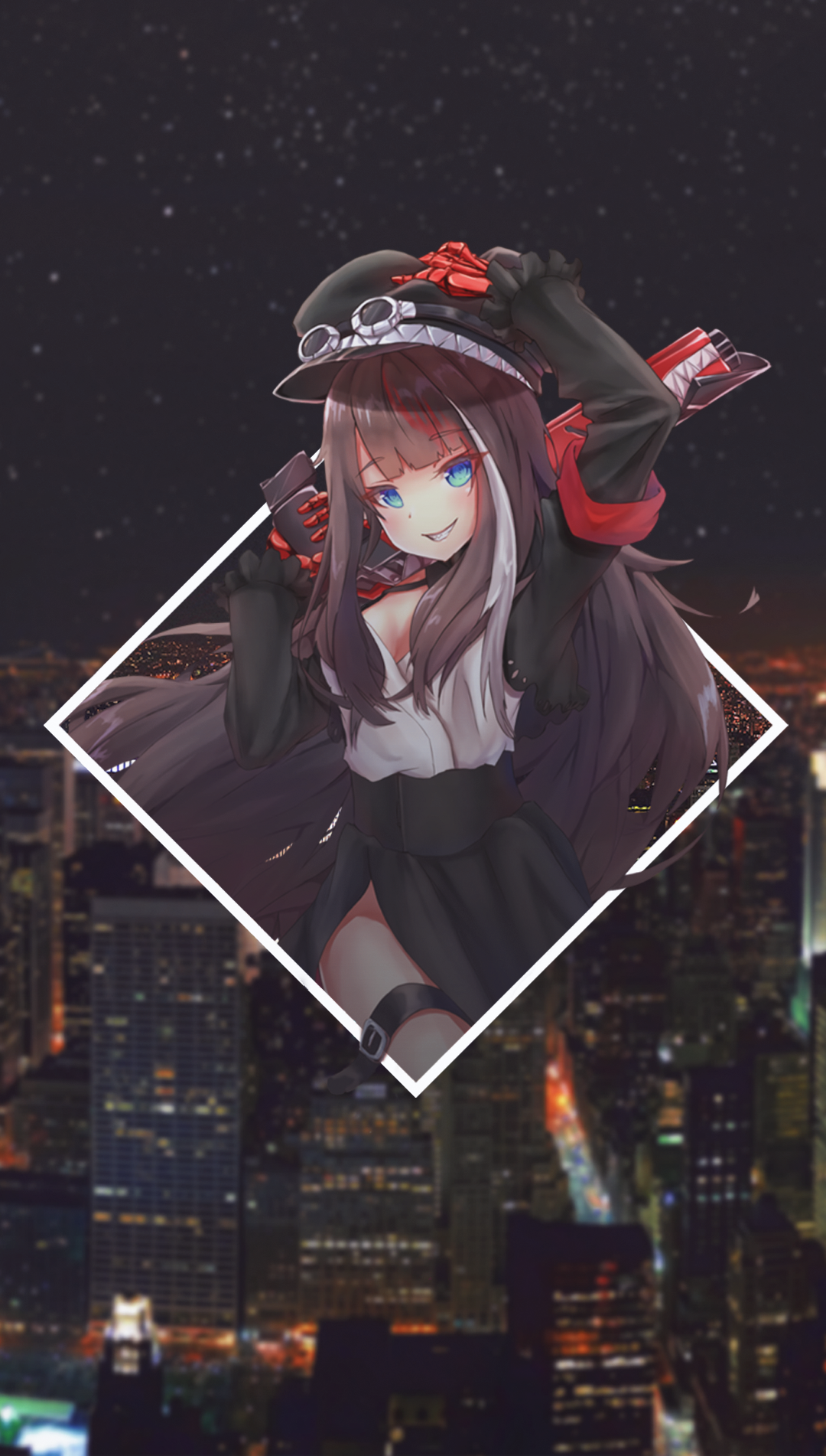 Anime girl in plague doctor outfit over city skyline HD Phone Wallpaper