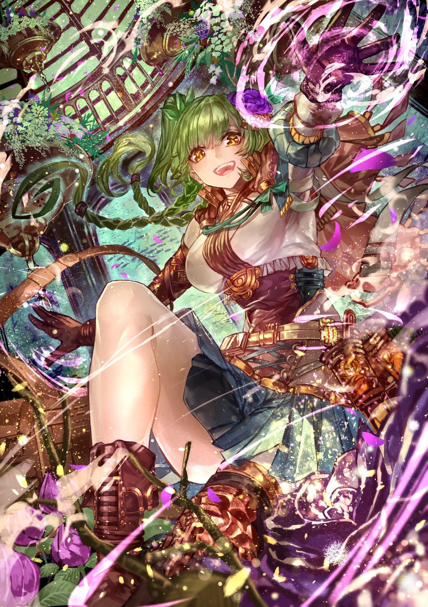 Anime girl with green hair casting magic HD Phone Wallpaper