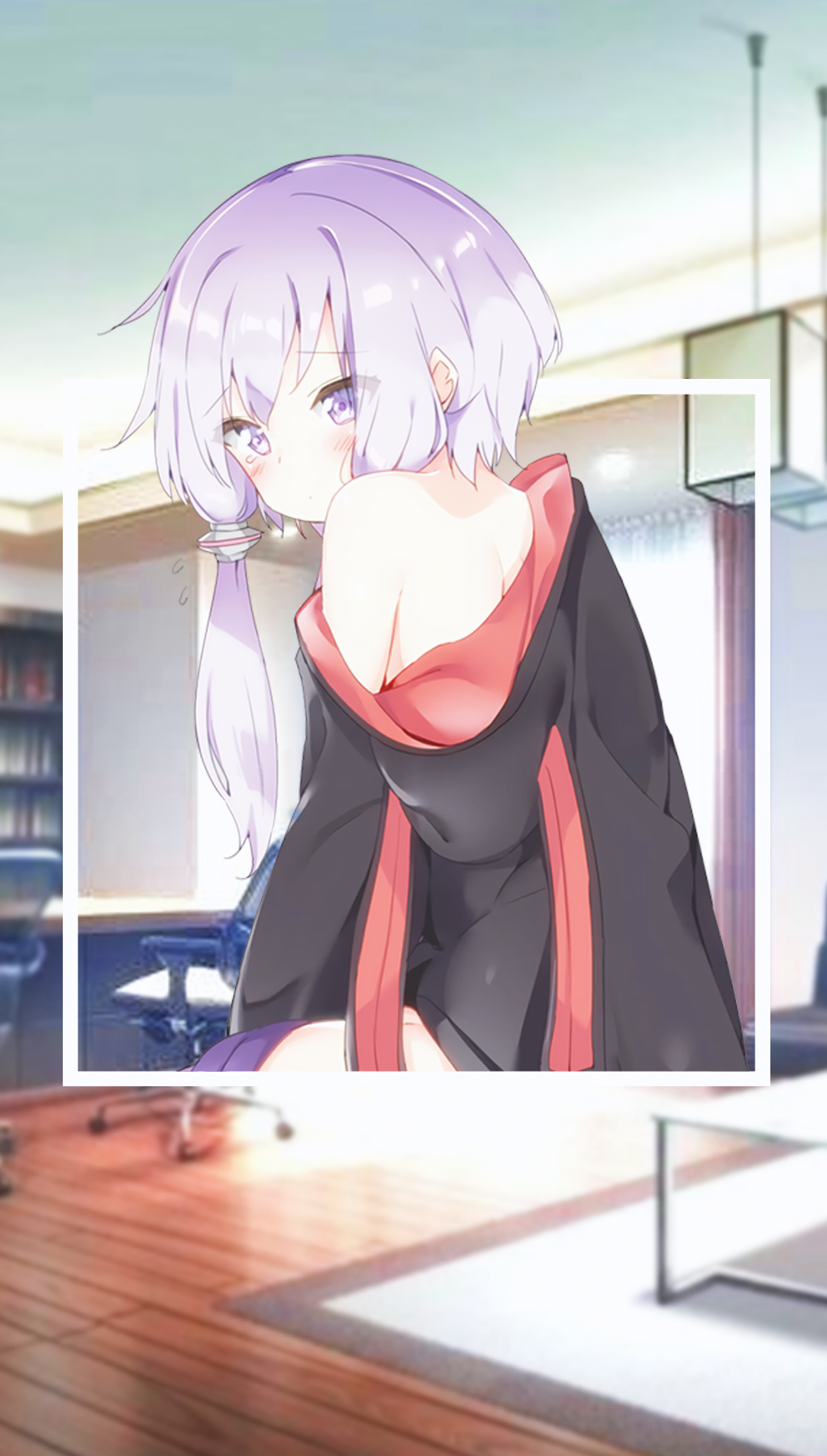 Anime girl with purple hair in a room HD Phone Wallpaper