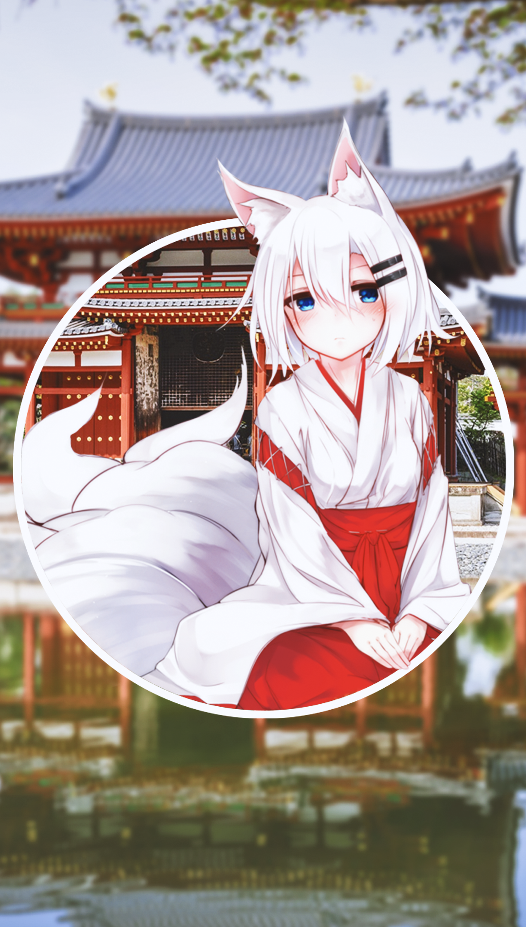 Anime girl with fox ears and tails in front of a temple HD Phone Wallpaper