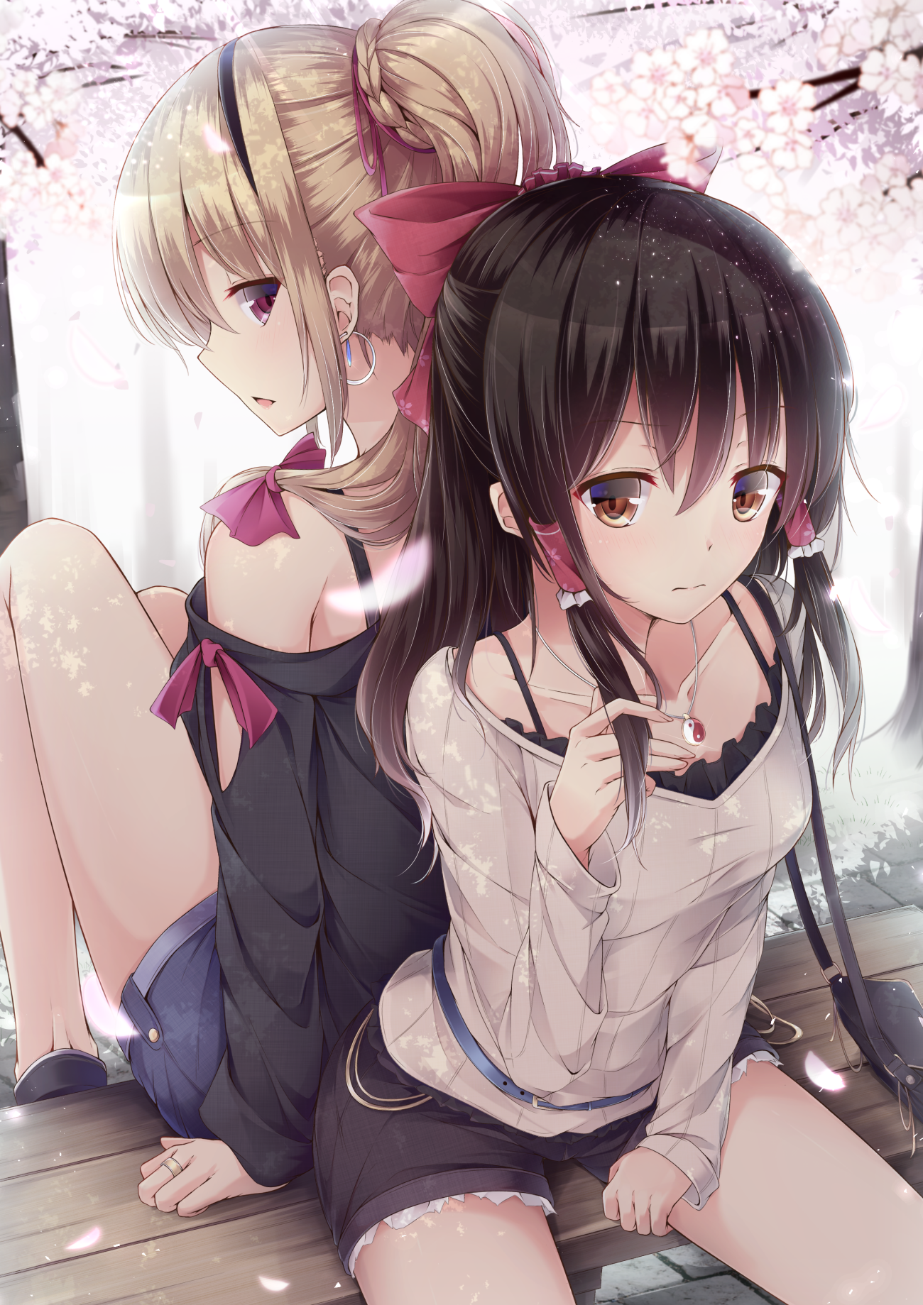 Anime girls sitting under cherry blossoms HD Phone Wallpaper