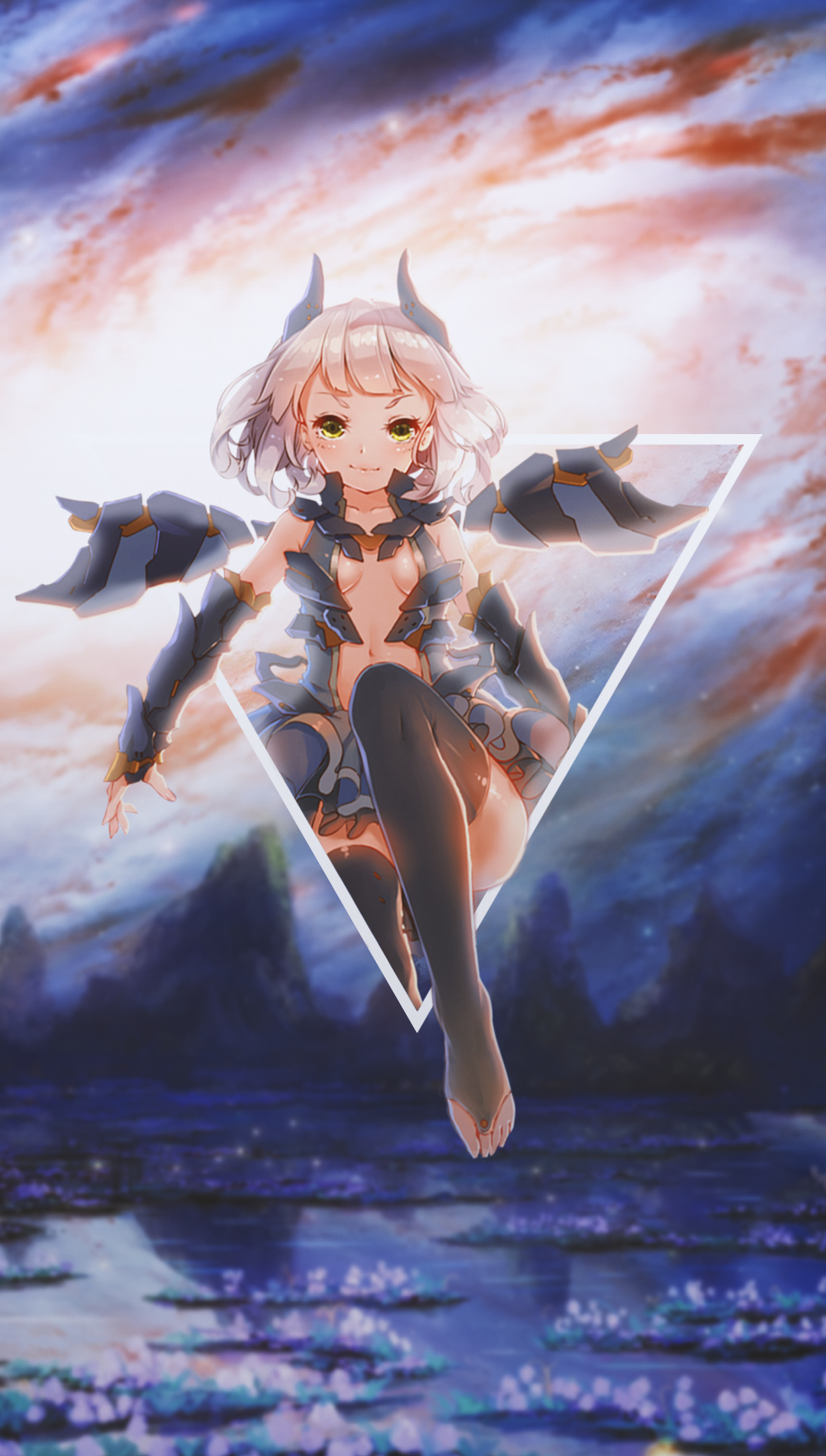 Anime girl with horns and wings in fantasy landscape HD Phone Wallpaper