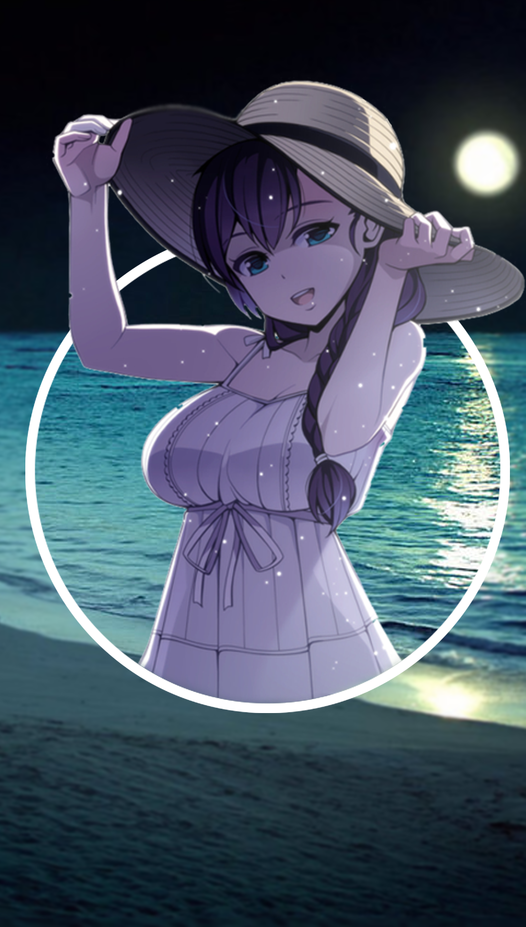 Anime girl in a white dress and straw hat on a beach at night HD Phone Wallpaper