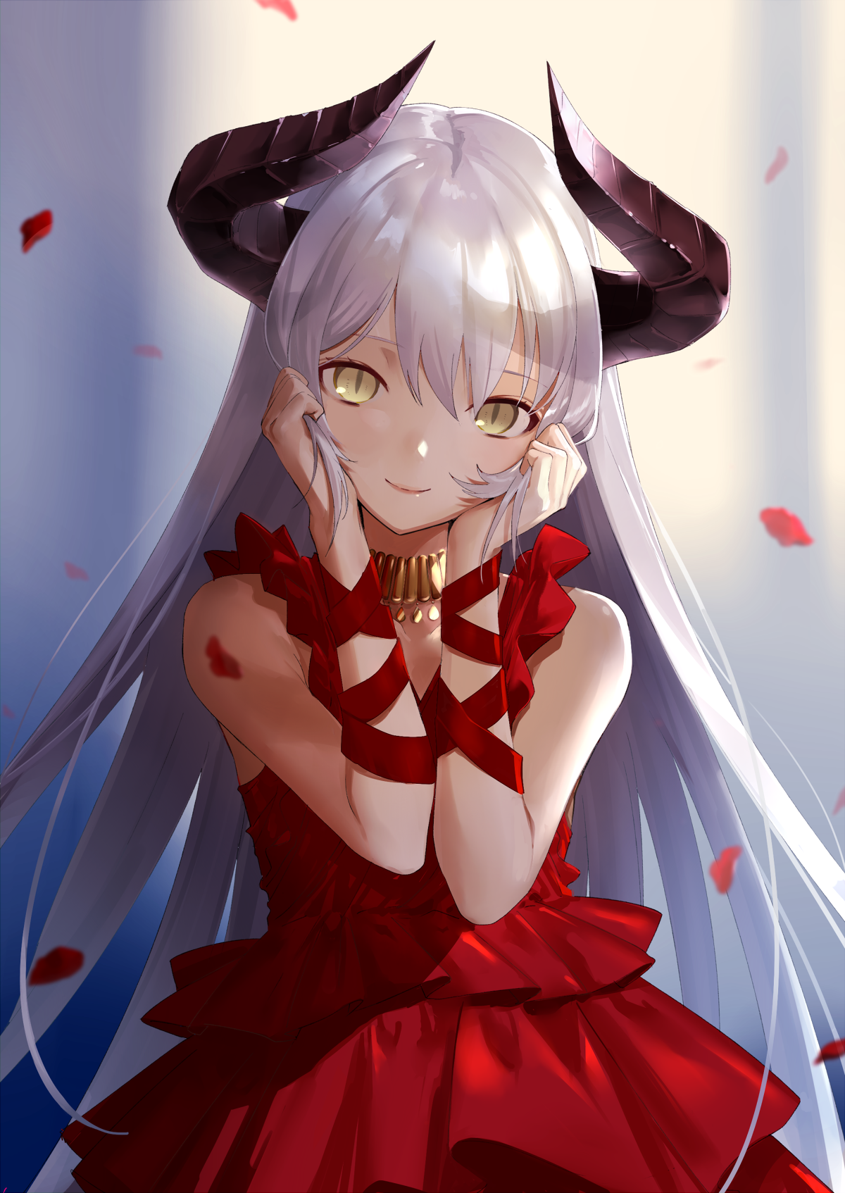 Anime girl with white hair and horns in red dress HD Phone Wallpaper