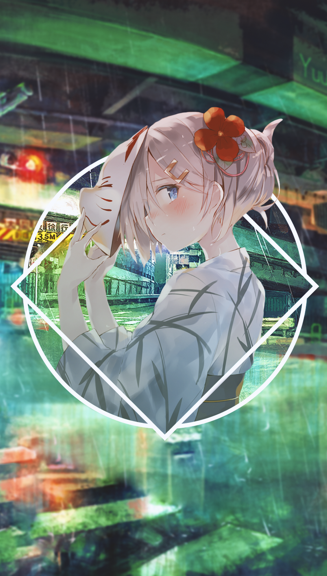 Anime girl in kimono holding a fox mask HD Phone Wallpaper