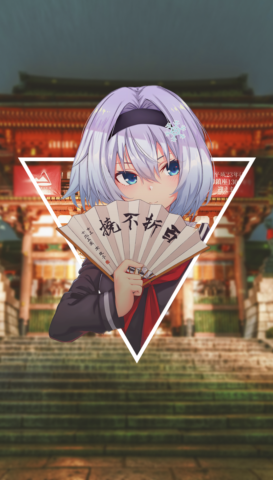 Anime girl with white hair holding a fan in front of a Japanese temple HD Phone Wallpaper