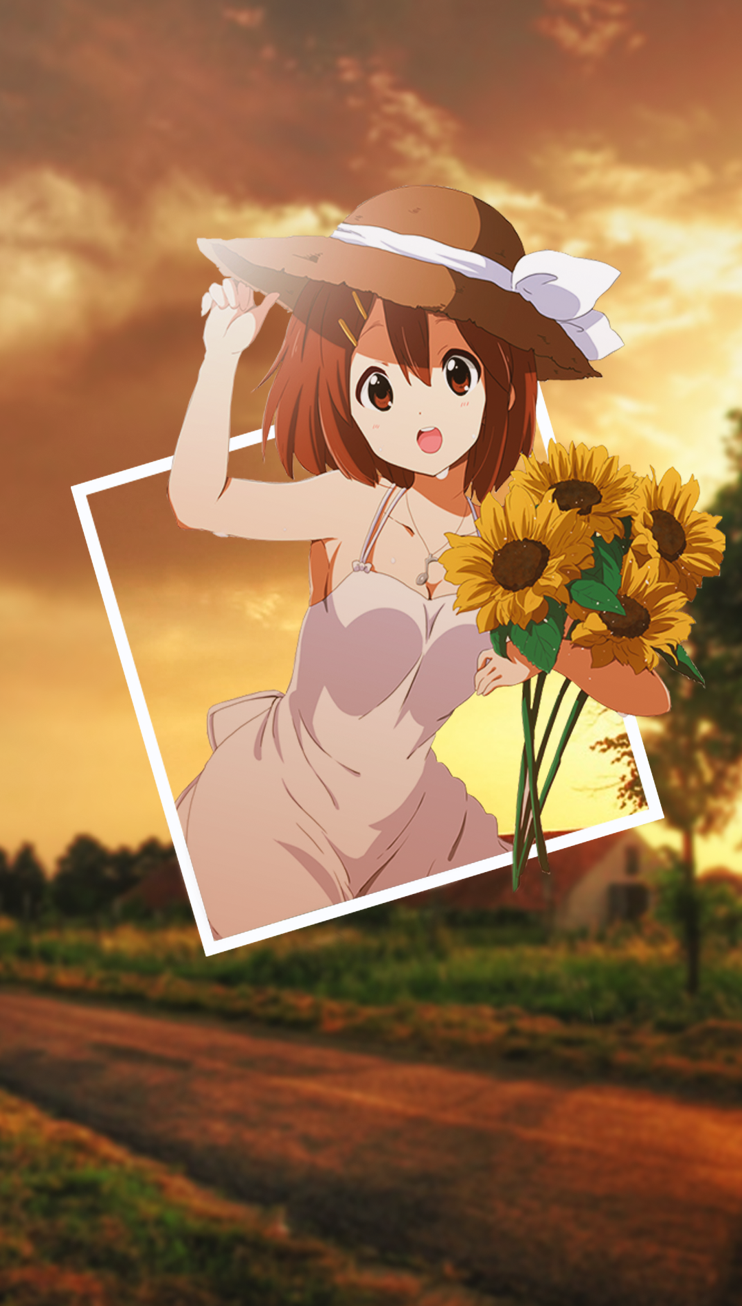 Anime girl with sunflowers at sunset HD Phone Wallpaper