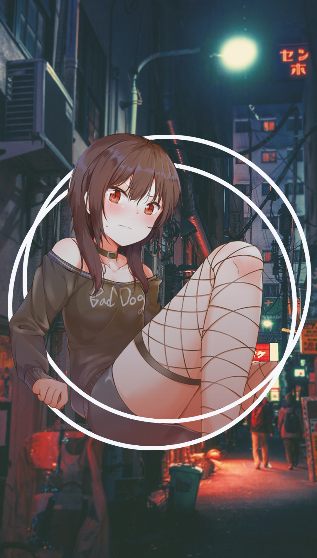 Anime girl with "Bad Dog" shirt in alley HD Phone Wallpaper