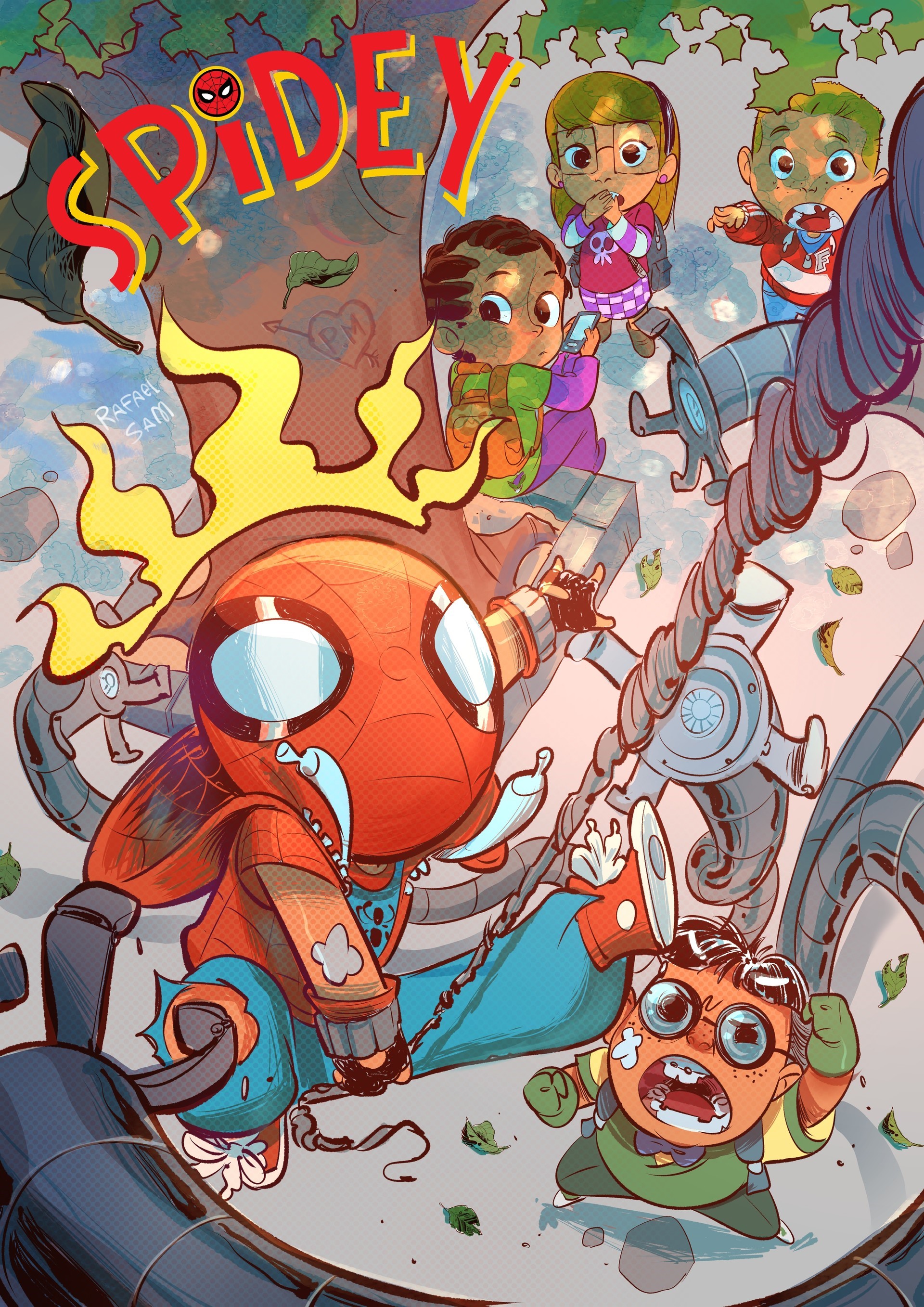 Spidey and friends vs. Dr. Octopus illustration by Rafael Sam HD Phone Wallpaper