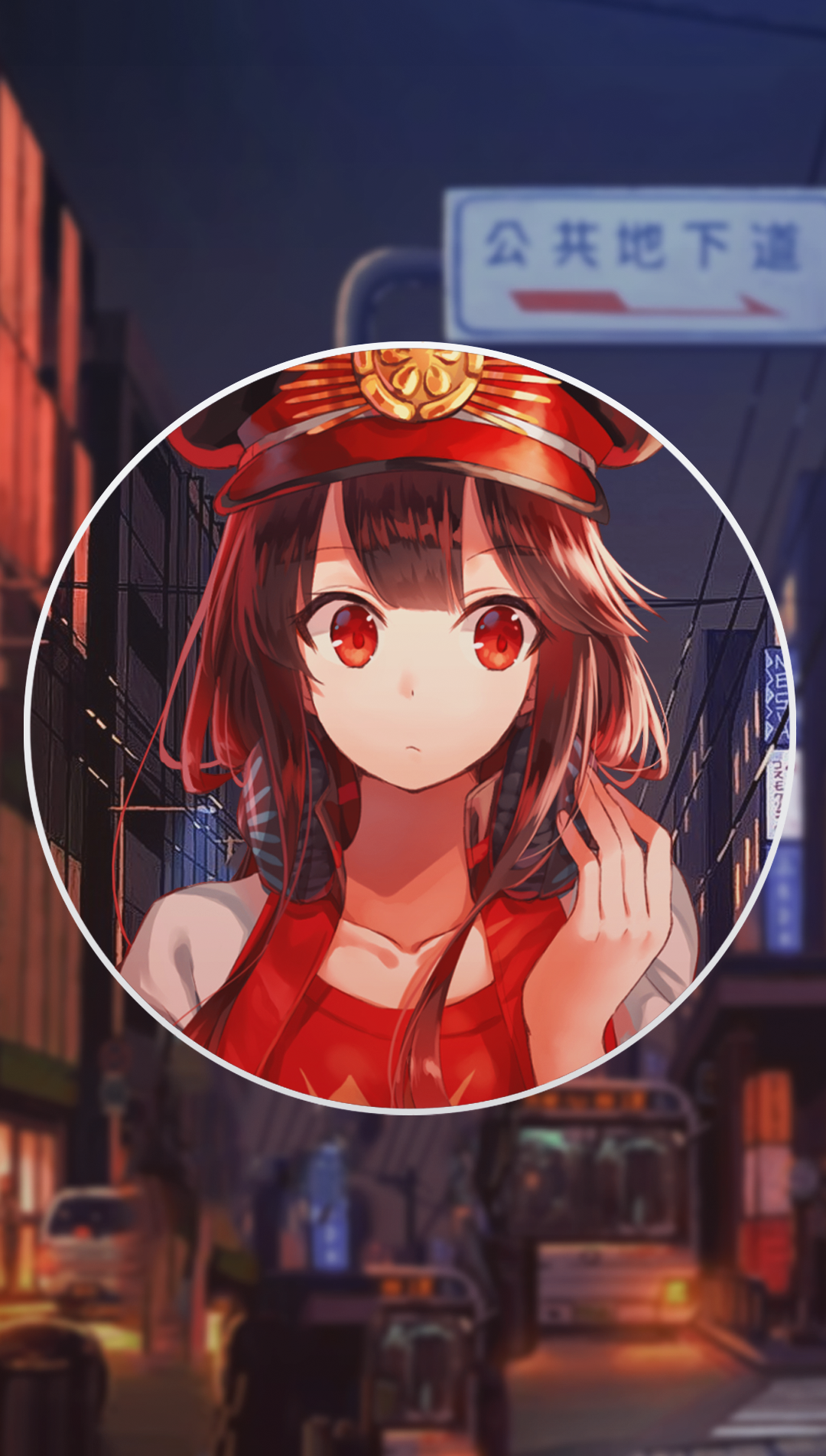 Anime girl in a red hat and jacket in a city at night HD Phone Wallpaper