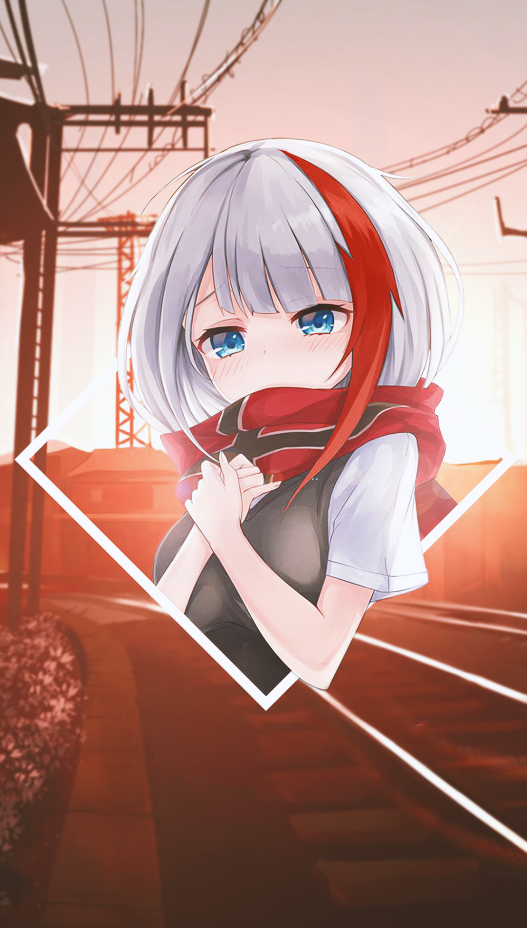 Anime girl with white and red hair on train tracks HD Phone Wallpaper