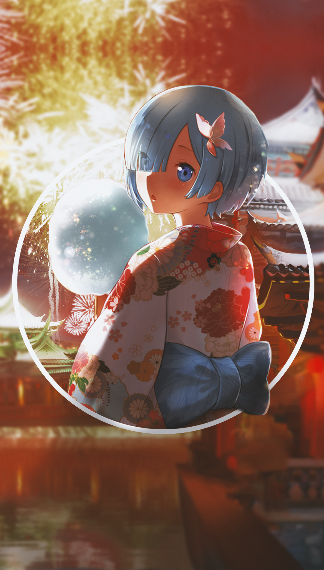 Rem from Re:Zero in a Kimono with Fireworks HD Phone Wallpaper