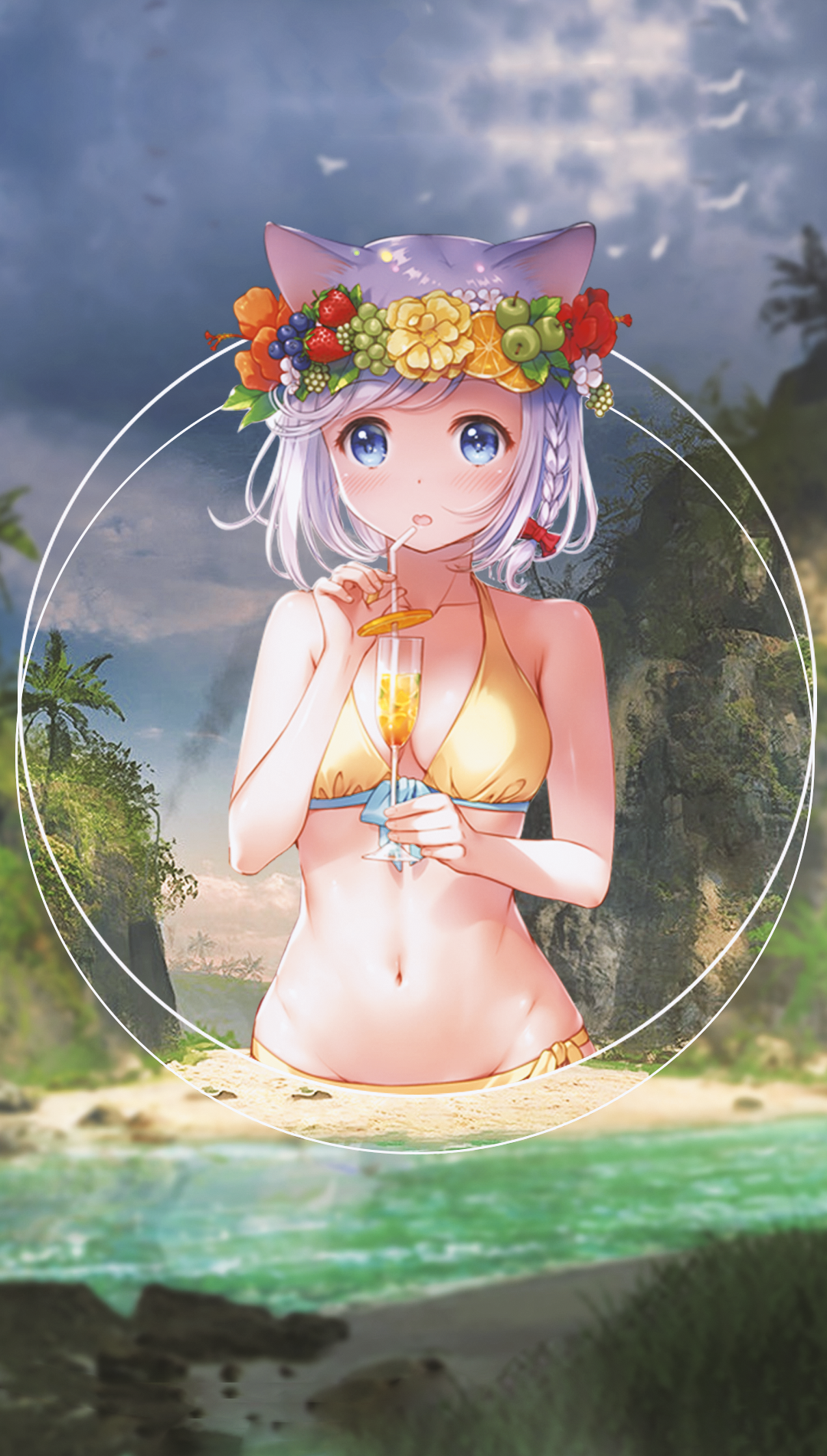 Anime girl in bikini with flower crown drinking champagne on beach HD Phone Wallpaper