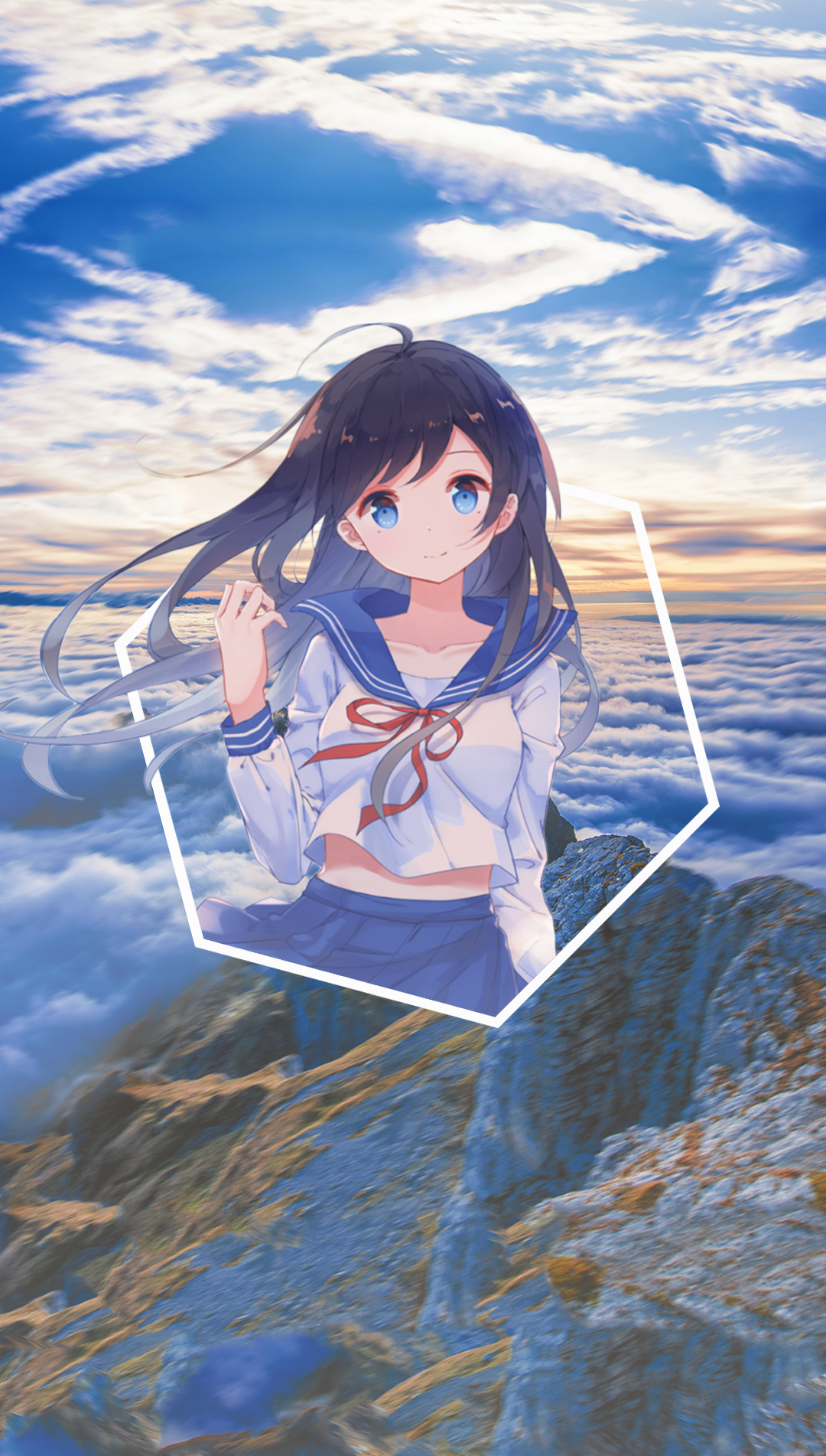 Anime girl in sailor uniform on mountain peak above clouds HD Phone Wallpaper