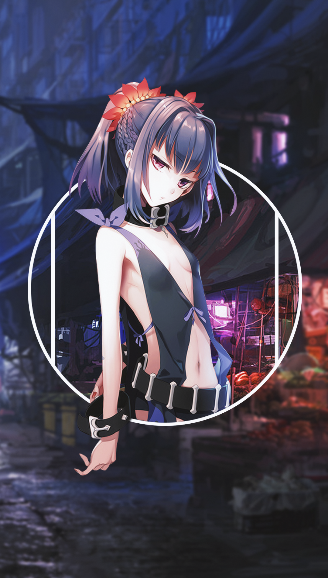 Anime girl with purple hair and red flower in a dark alley HD Phone Wallpaper