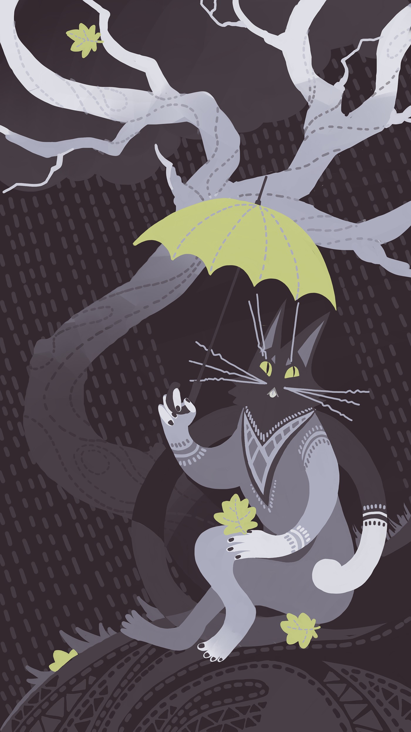Cat with umbrella under a tree in the rain HD Phone Wallpaper