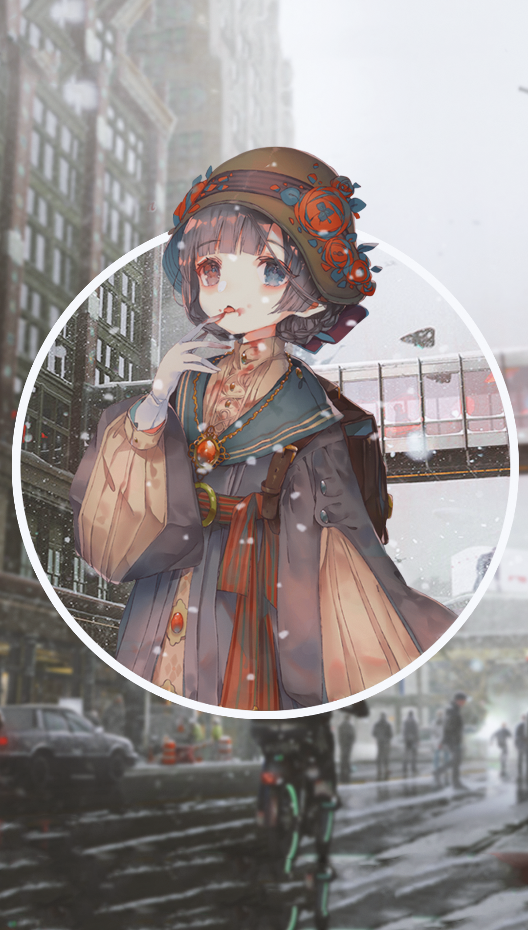 Anime girl in a hat in a snowy city HD Phone Wallpaper