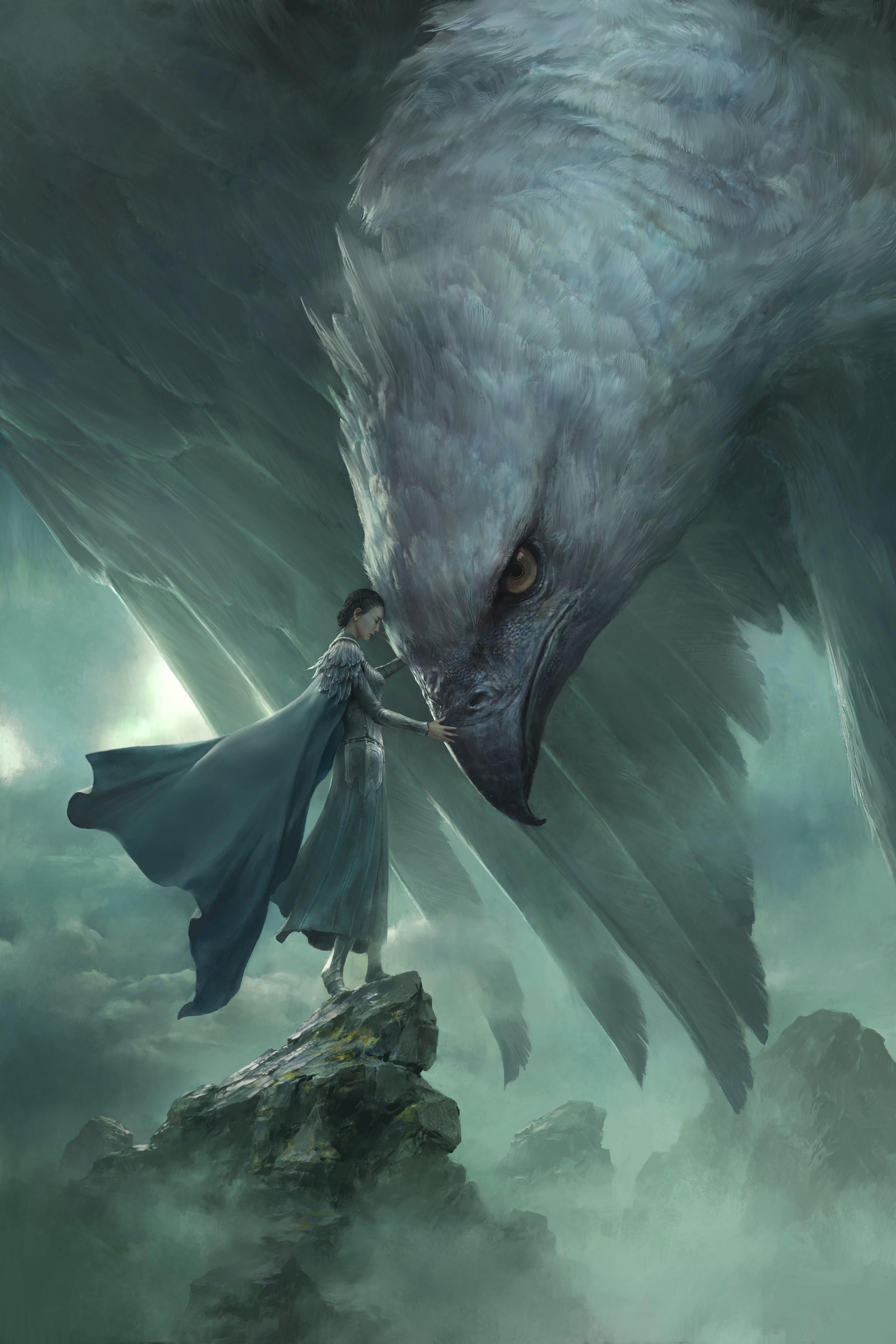 Woman and giant bird on a misty cliff HD Phone Wallpaper