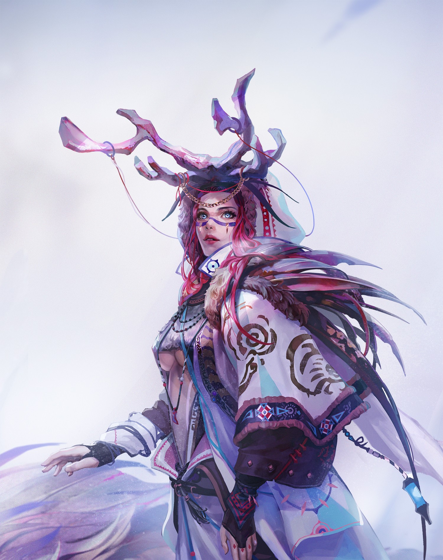 Fantasy girl with antlers and ornate clothing HD Phone Wallpaper