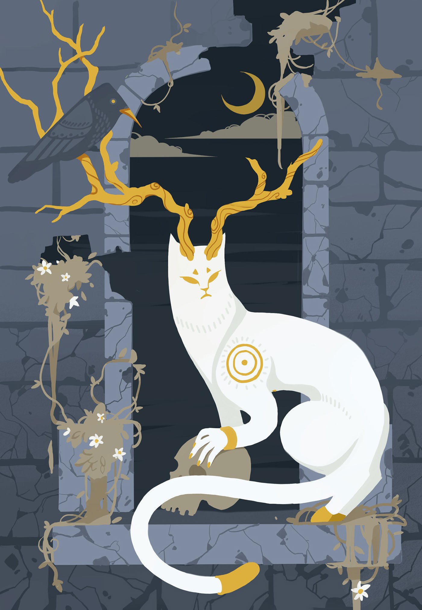White cat with antlers and a crow in a castle window HD Phone Wallpaper