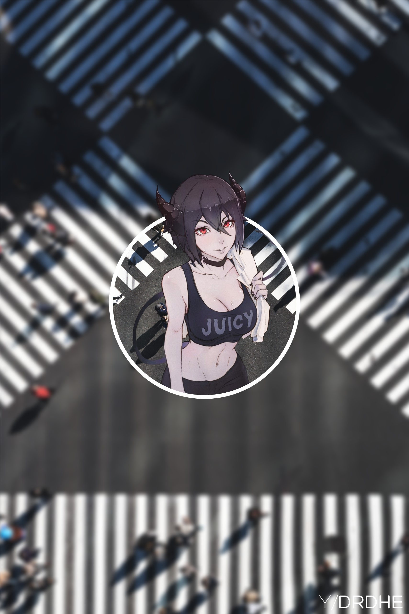 Anime girl with horns and 'Juicy' top HD Phone Wallpaper