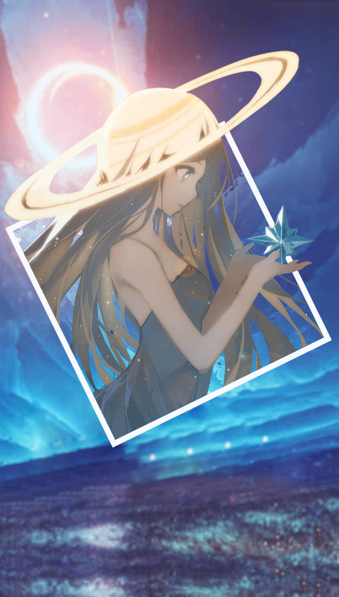 Anime girl with Saturn rings and star HD Phone Wallpaper