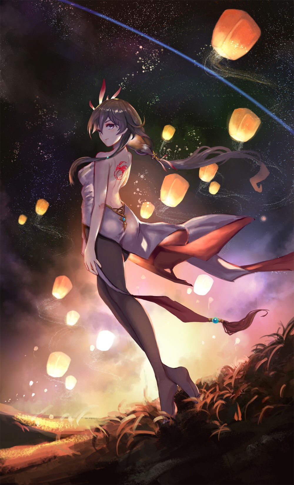 Anime girl with lanterns in the night sky HD Phone Wallpaper