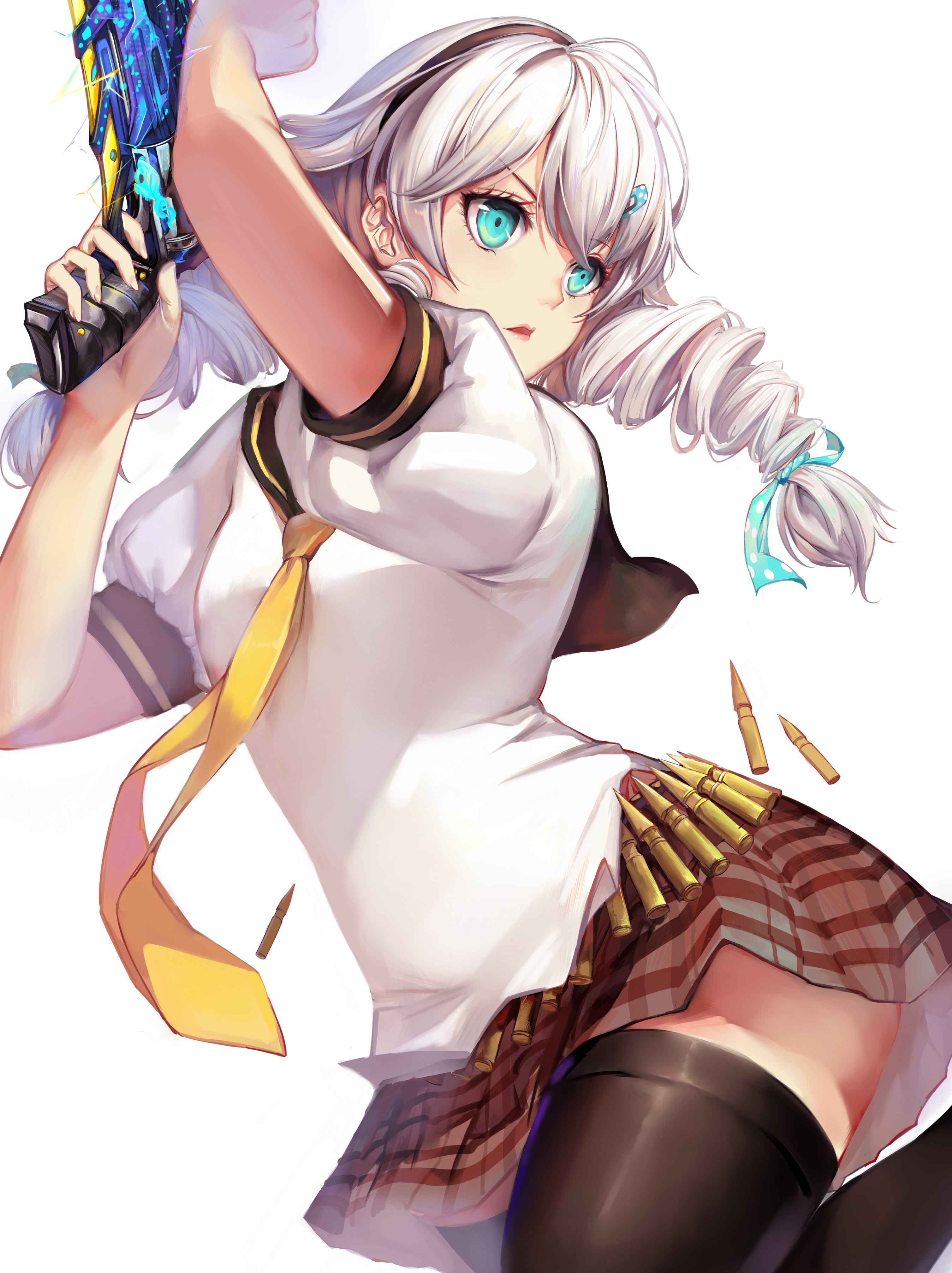 Anime girl with white hair holding a gun HD Phone Wallpaper