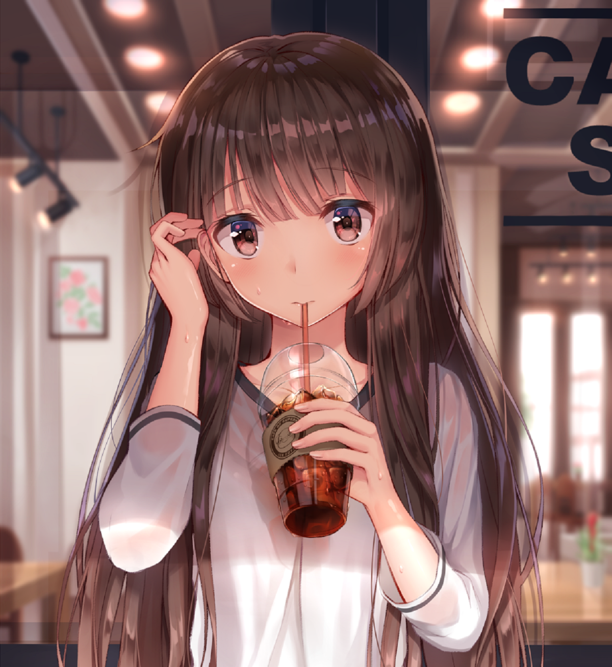 Anime girl drinking iced coffee indoors HD Phone Wallpaper