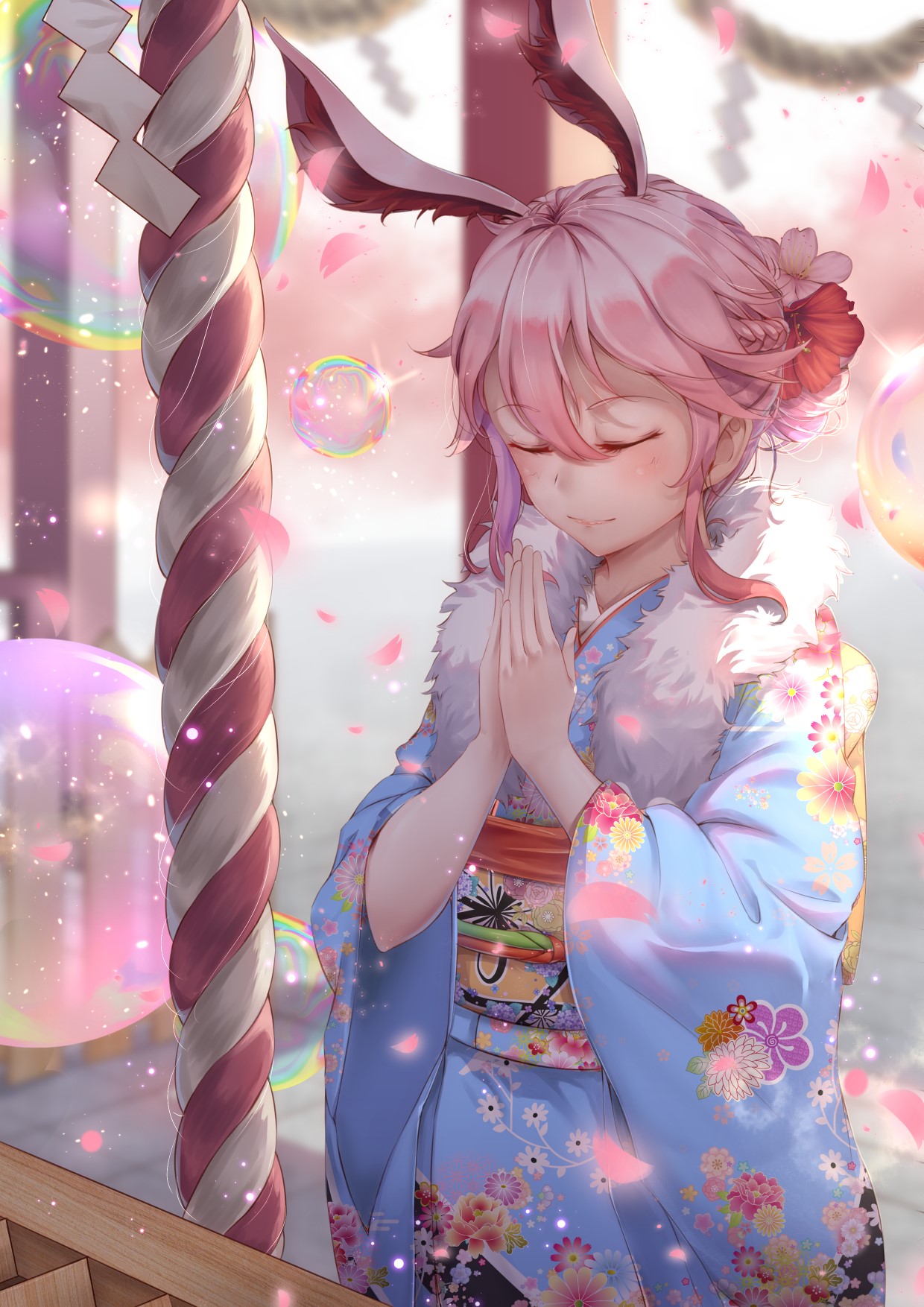 Anime girl with pink hair and bunny ears in kimono HD Phone Wallpaper