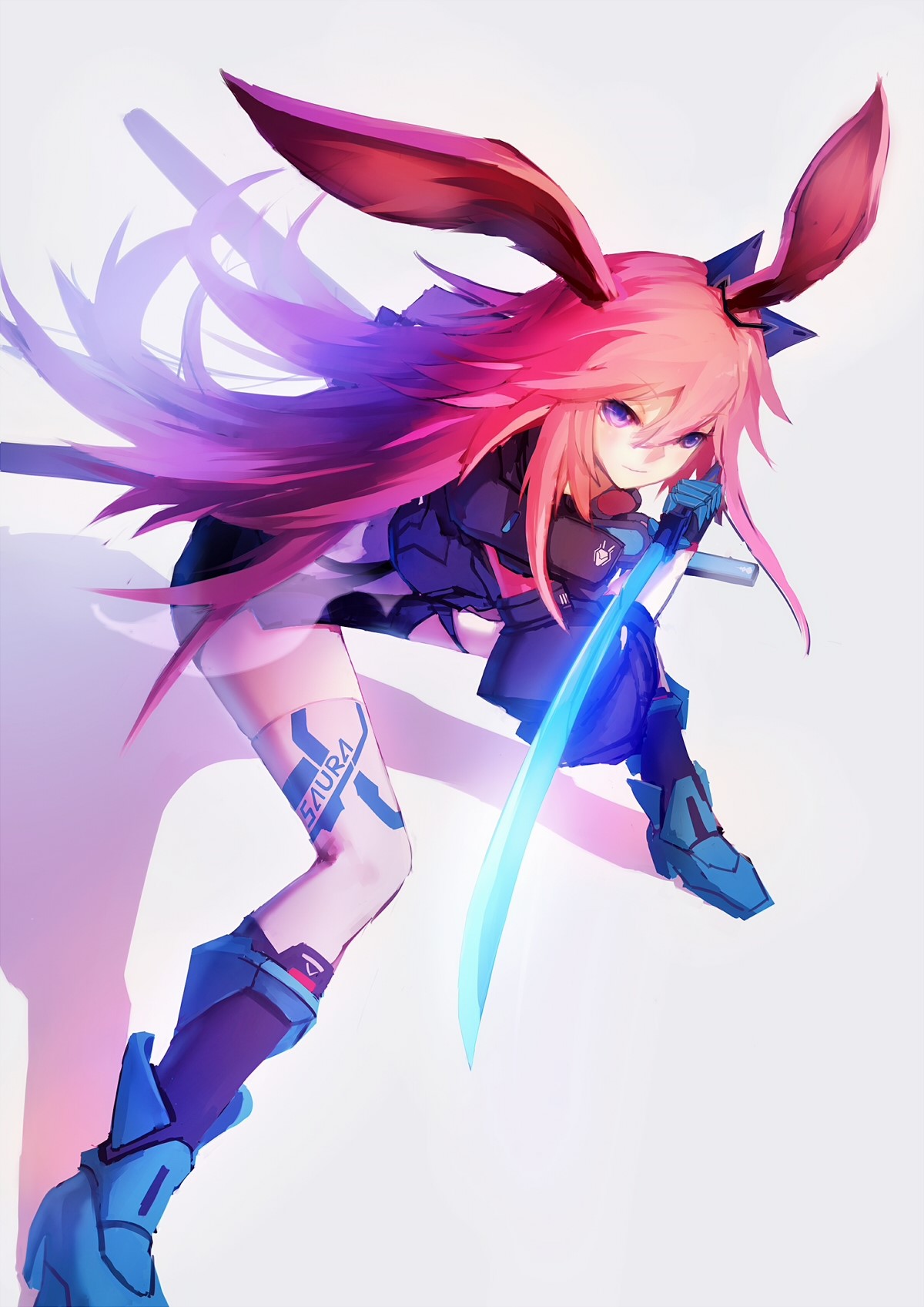 Anime girl with pink hair and bunny ears holding a sword HD Phone Wallpaper