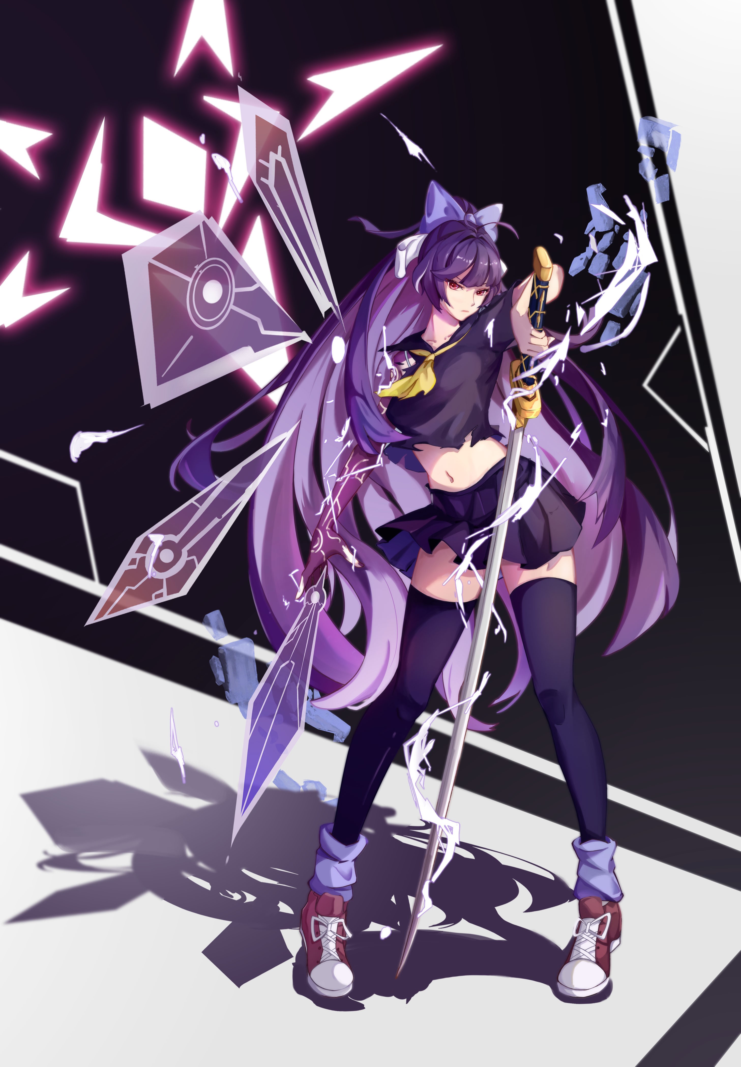 Anime girl with purple hair and sword from Honkai Impact HD Phone Wallpaper