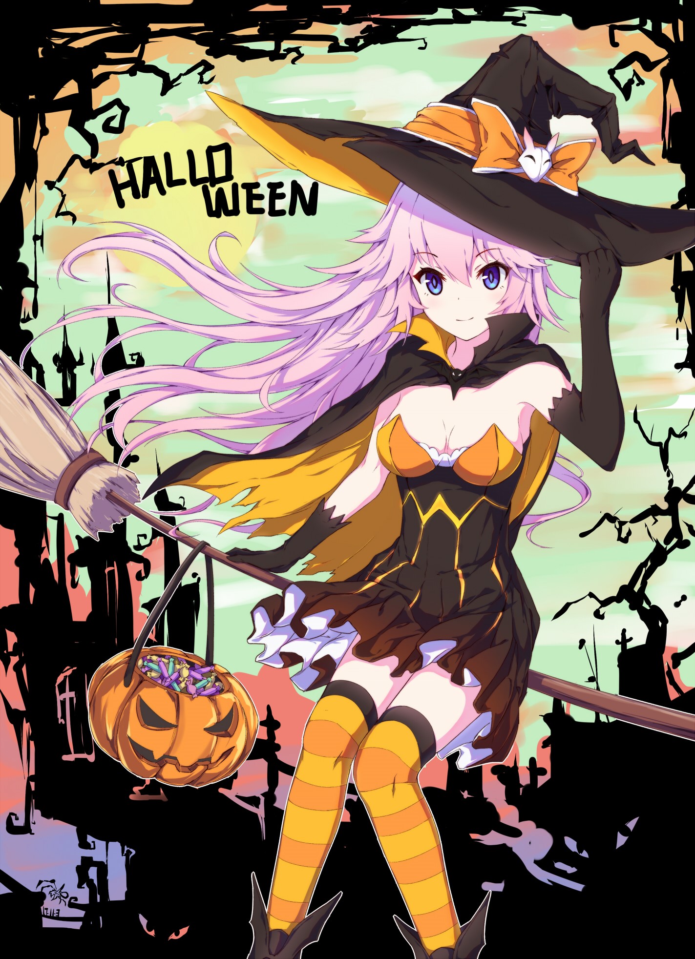 Anime Witch Girl with Broom and Pumpkin Basket HD Phone Wallpaper