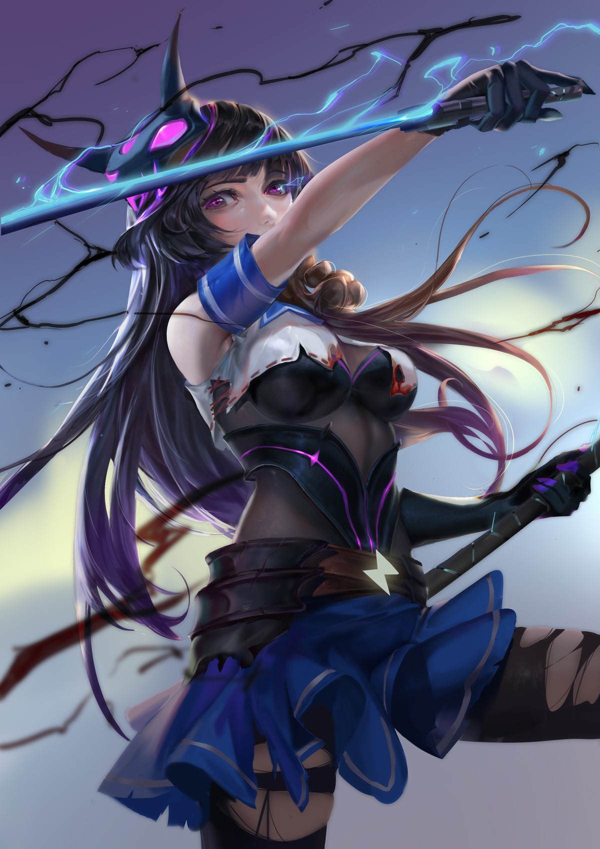 Anime girl with dark hair and purple eyes holding a staff HD Phone Wallpaper